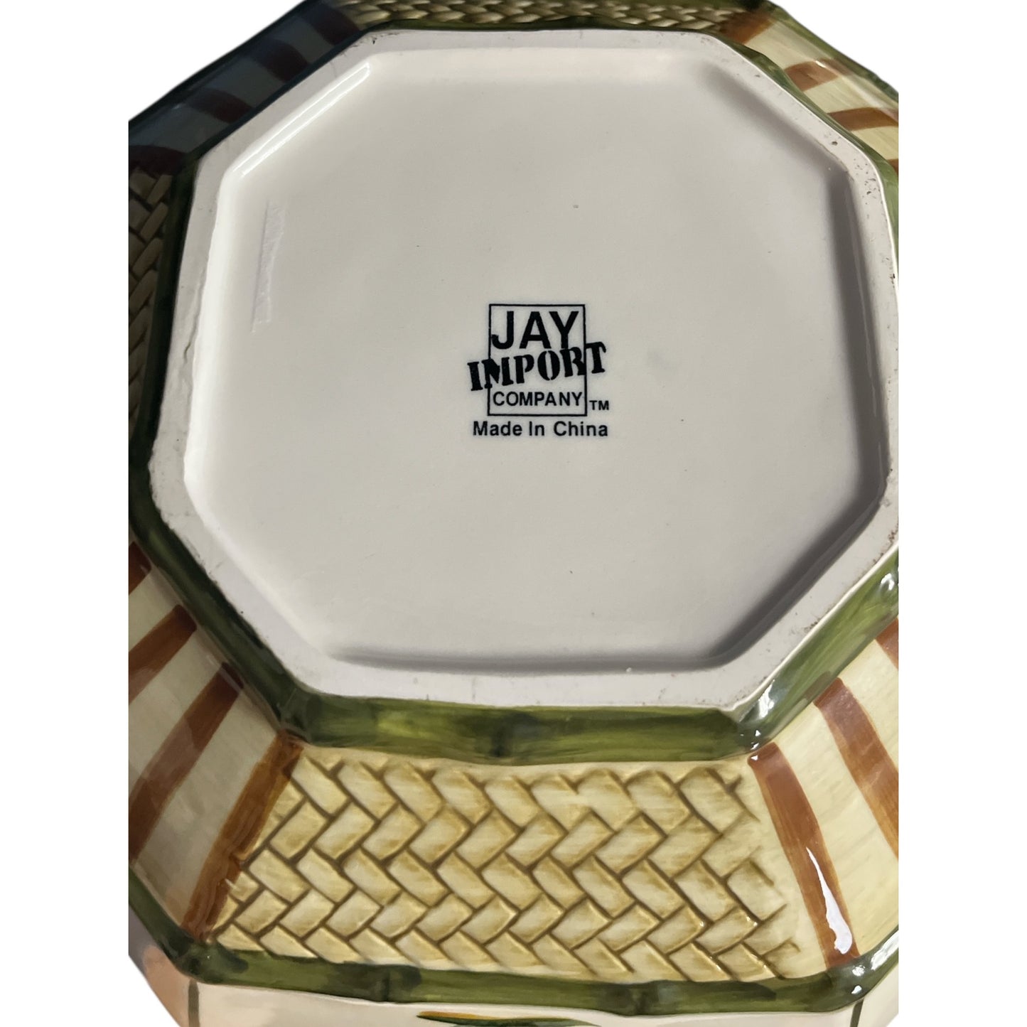 Jay Import Company Ceramic Palm Tree Bowl – Tropical Octagonal Scalloped Dish, Handpainted Look, 2000s