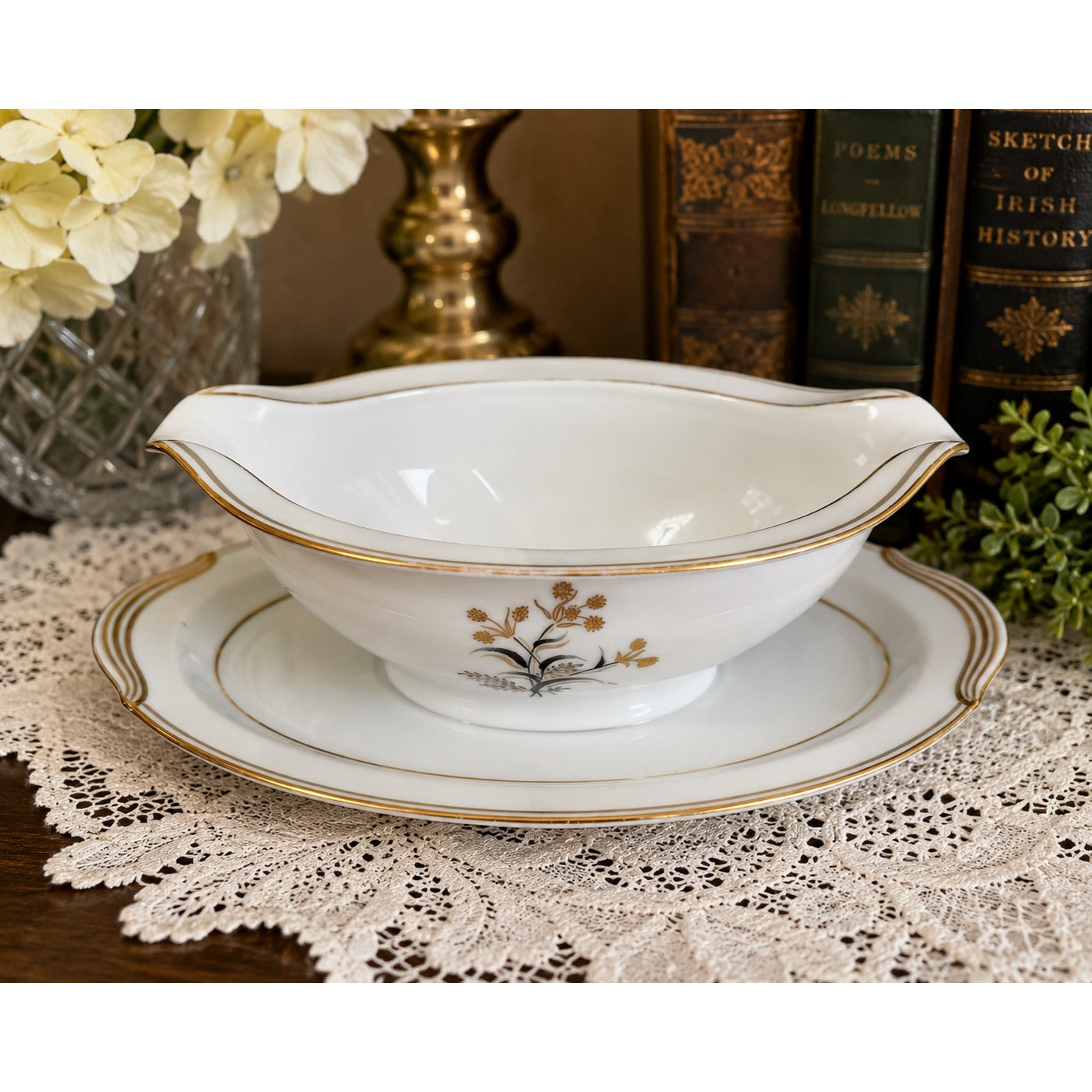 Vintage Noritake Winton 5521 Gravy Boat Underplate Gold Floral Japan Serving Set