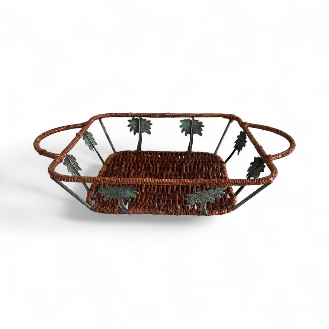 Vintage Woven Rattan & Metal Leaf Basket Tray – Rectangular with Handles