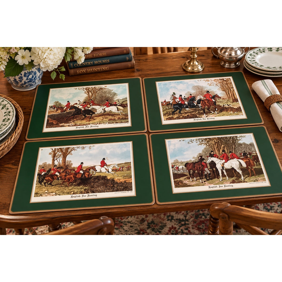 Vintage Pimpernel English Fox Hunting Placemats Set of 4 Hunting Green 18x13