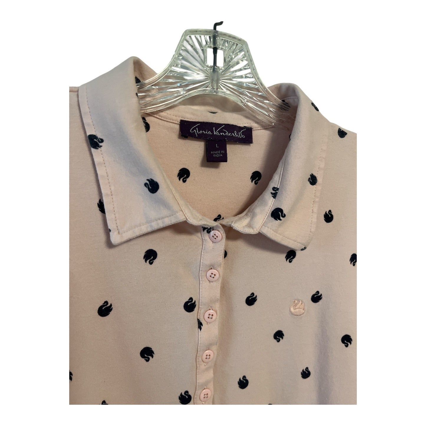 Gloria Vanderbilt Women's Polo Shirt L | Light Pink with Black Swan Embroidery | 95% Cotton