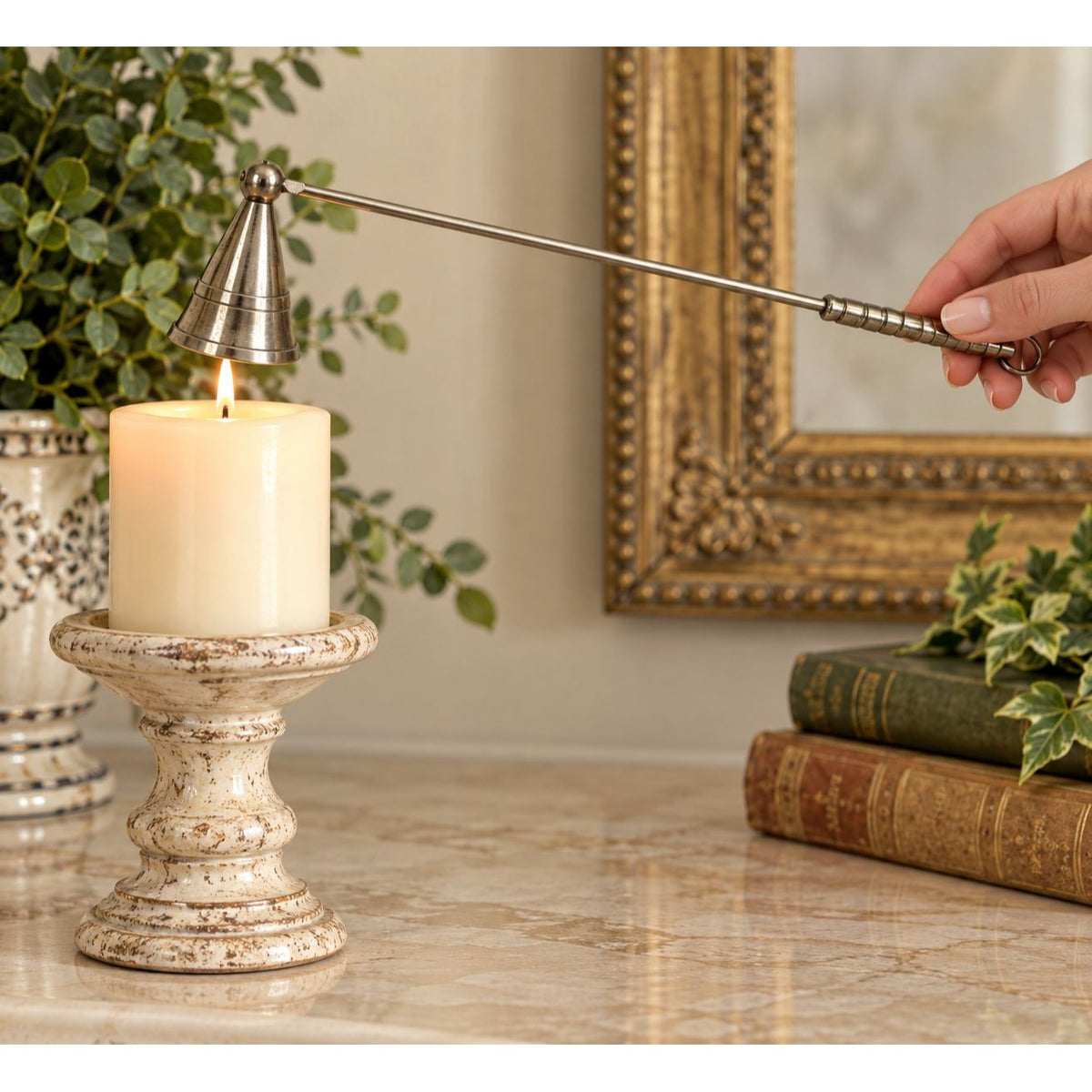 Vintage Silver Tone Candle Snuffer 12 Inch Long Handle Swivel Bell