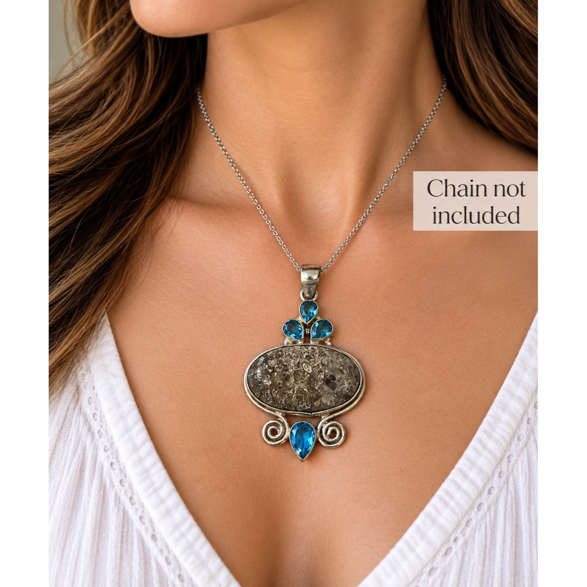 925 Sterling Silver Fossil Coral Blue Topaz Pendant 2 Inch Artisan Jewelry