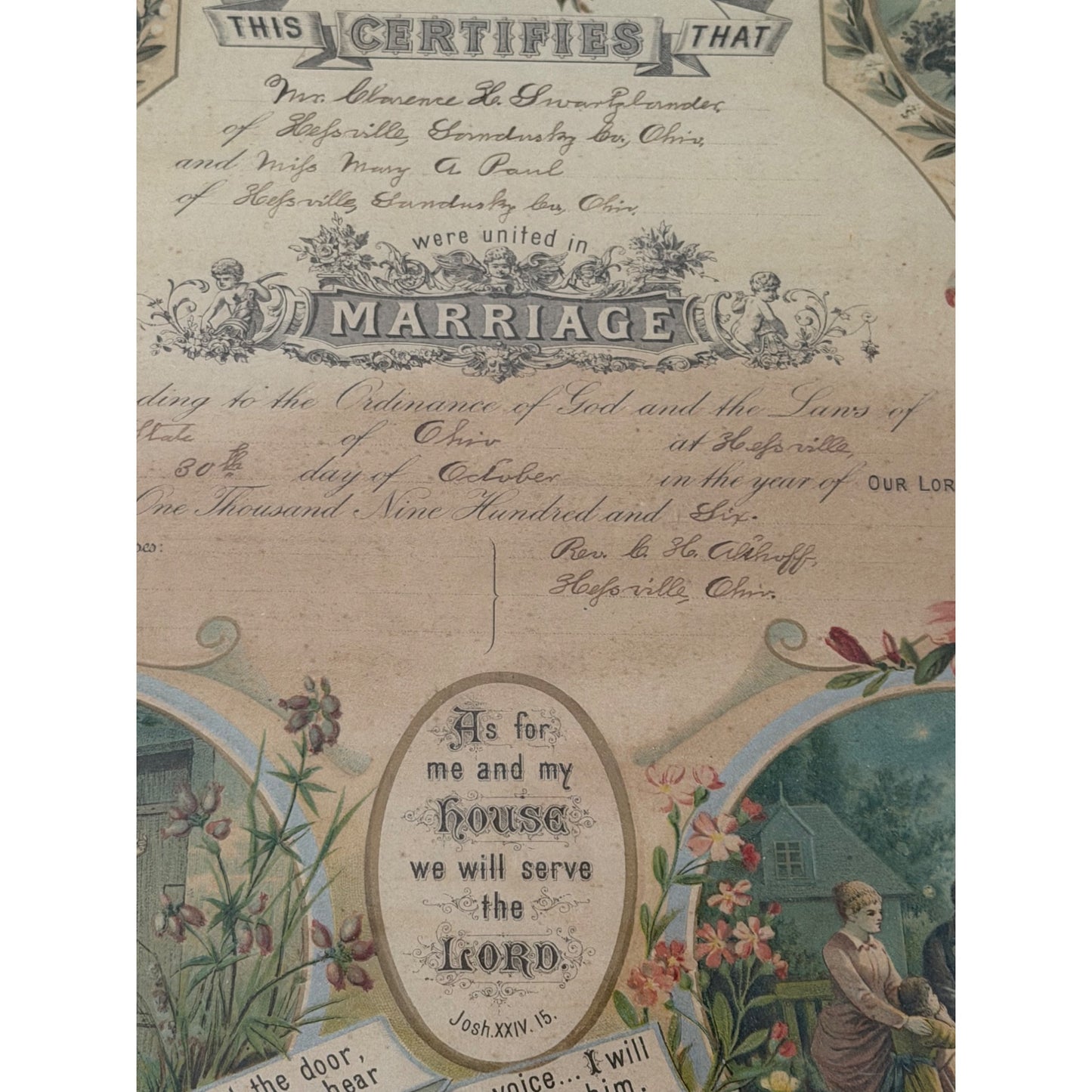 Antique 1906 Framed Marriage Certificate Hessville Sandusky County Ohio Ernst Kaufmann