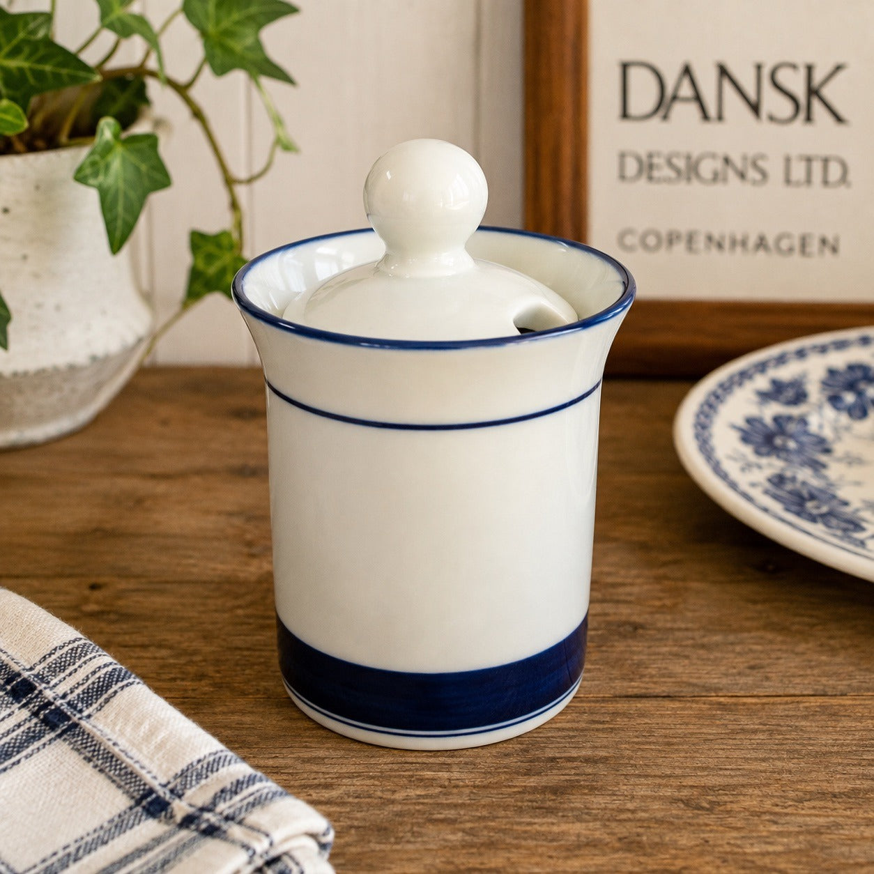 Vintage Dansk Concerto Allegro Condiment Jar Mustard Pot Niels Refsgaard Blue White