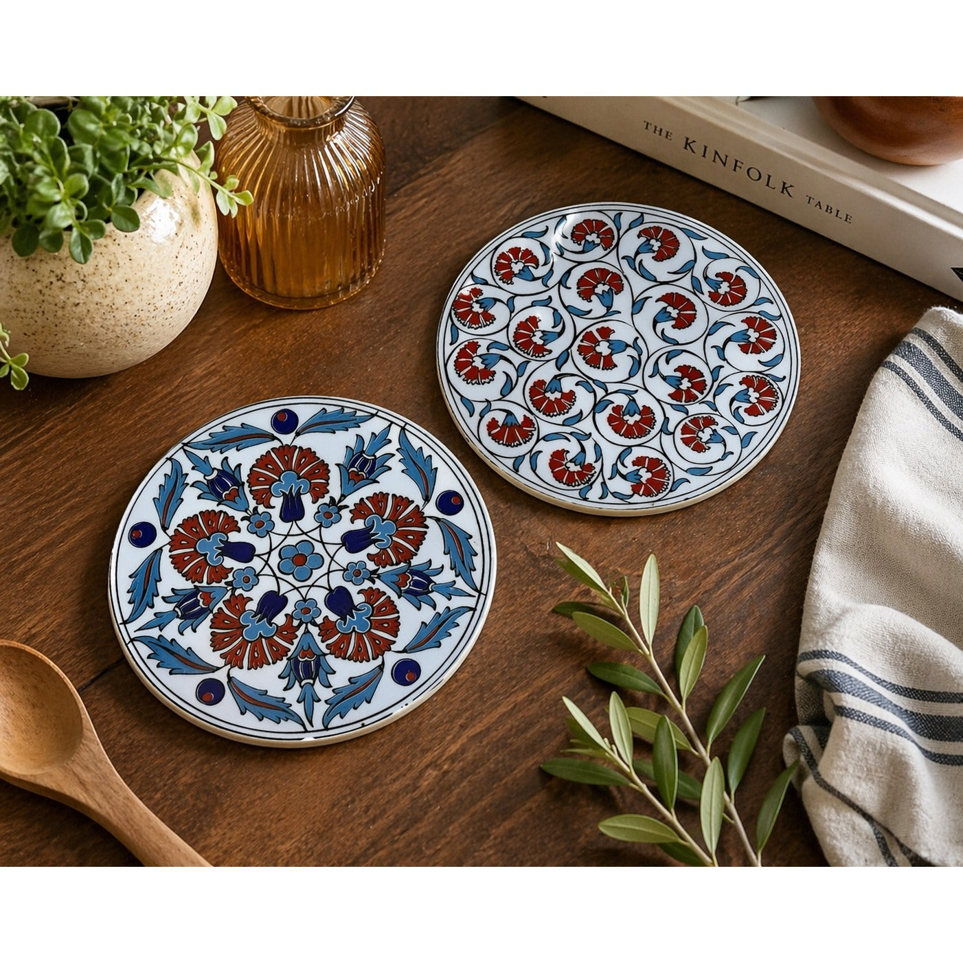 Vintage Hand Painted Ceramic Trivet Set Floral Blue Red Tile Hot Plate 6”