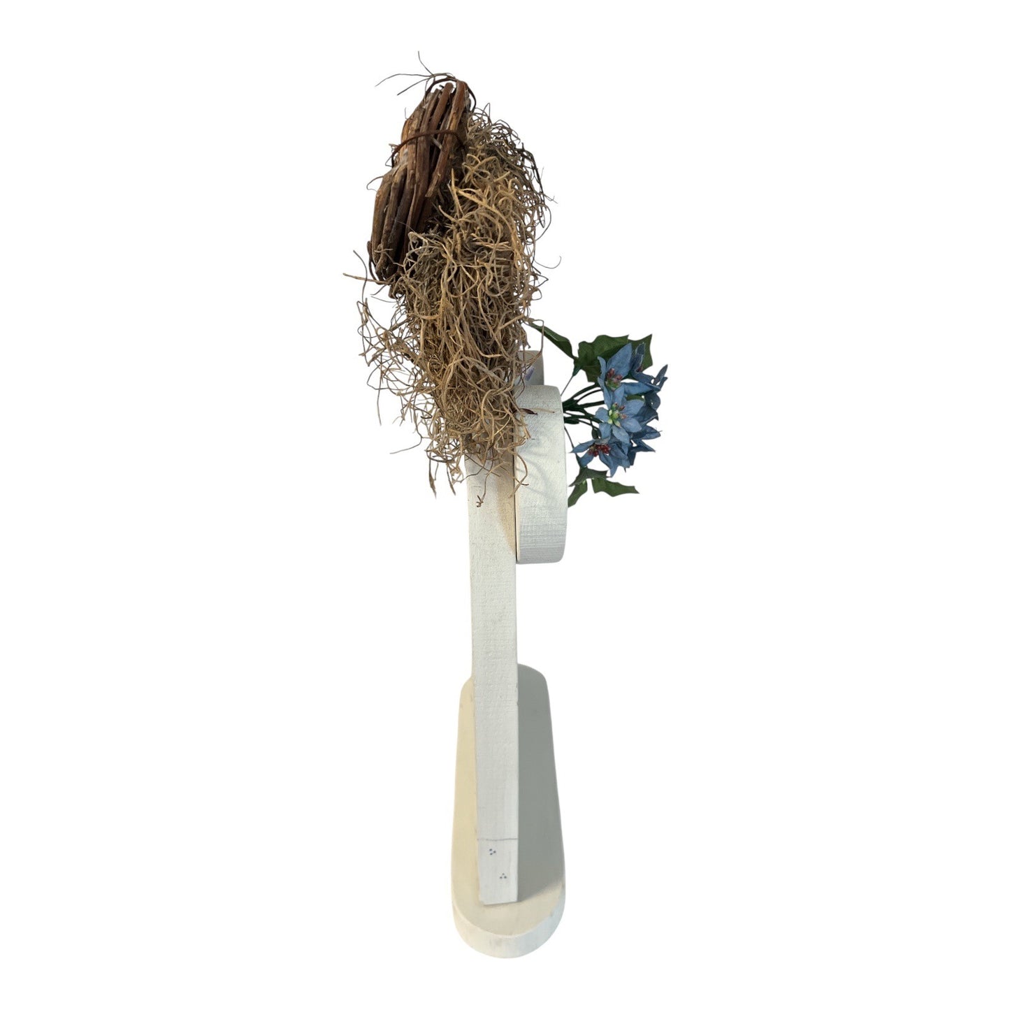 1995 Signed Wooden Angel by K. Moody – Rustic Folk Art Shelf Sitter with Grapevine Halo & Flowers