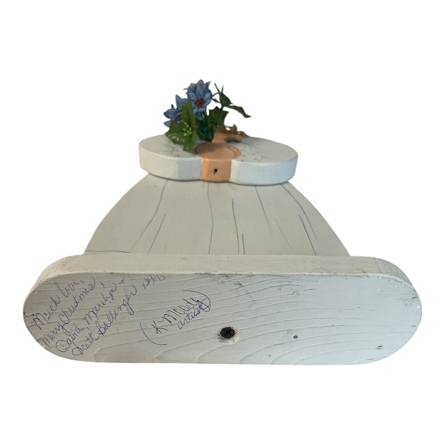 1995 Signed Wooden Angel by K. Moody – Rustic Folk Art Shelf Sitter with Grapevine Halo & Flowers