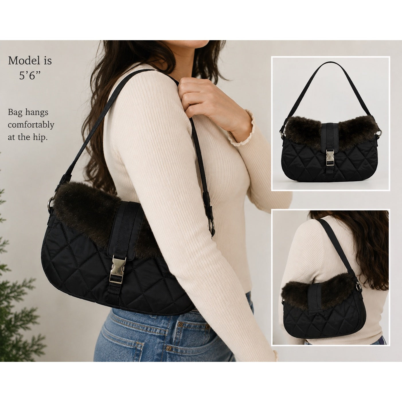 Bath & Body Works Black Quilted Faux Fur Shoulder Bag Purse 11x7