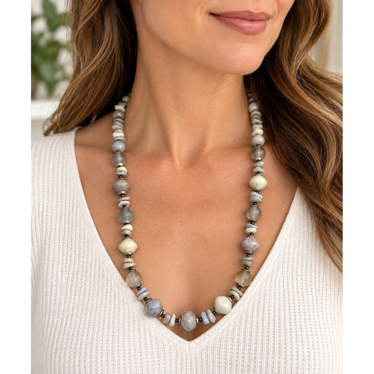 Gray Cream Faux Stone Beaded Necklace Boho Chunky Mixed Beads 22 Inch