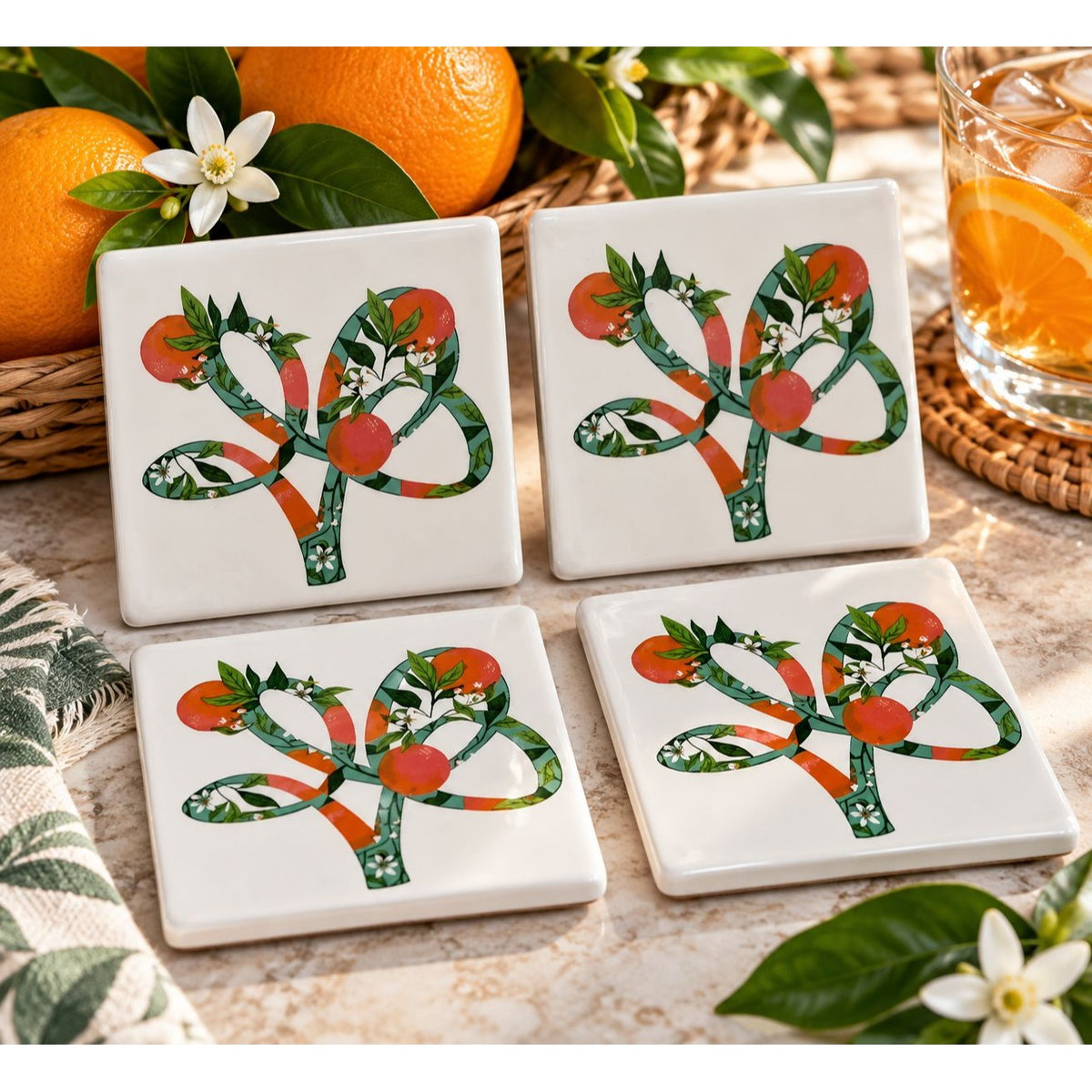 Busch Gardens Home Citrus Orange Blossom Ceramic Tile Coasters Set of 4 4"