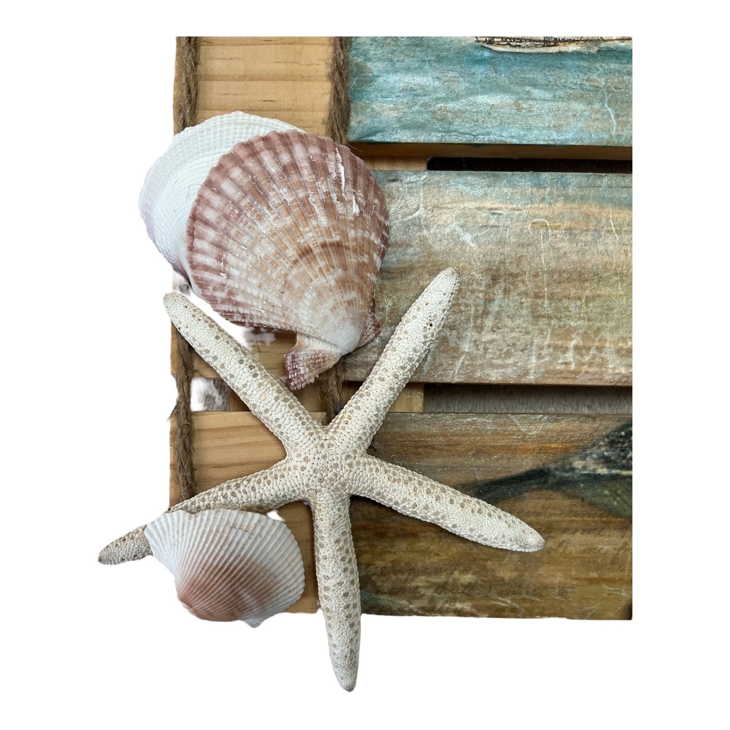 Seagull Beach Wall Art, Nautical Slatted Wood Sign with Seashells and Starfish, 12x11 Hanging Decor