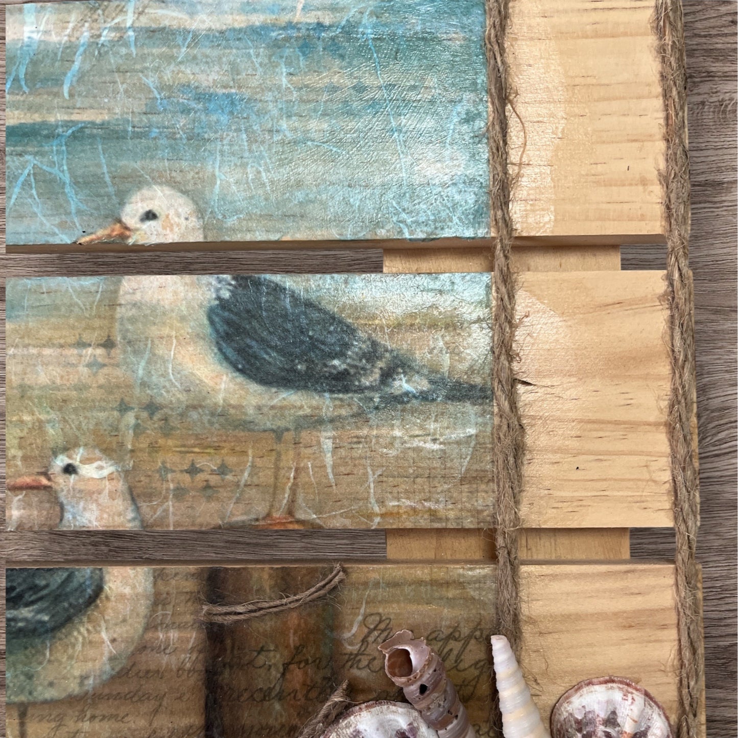 Seagull Beach Wall Art, Nautical Slatted Wood Sign with Seashells and Starfish, 12x11 Hanging Decor