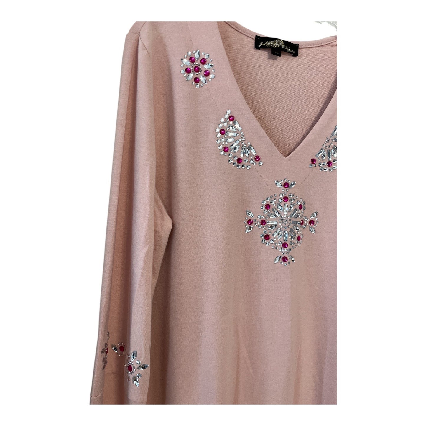 Joan Boyce Embellished Tunic Top Pink XL Rhinestone Long Sleeve Bling Stretchy