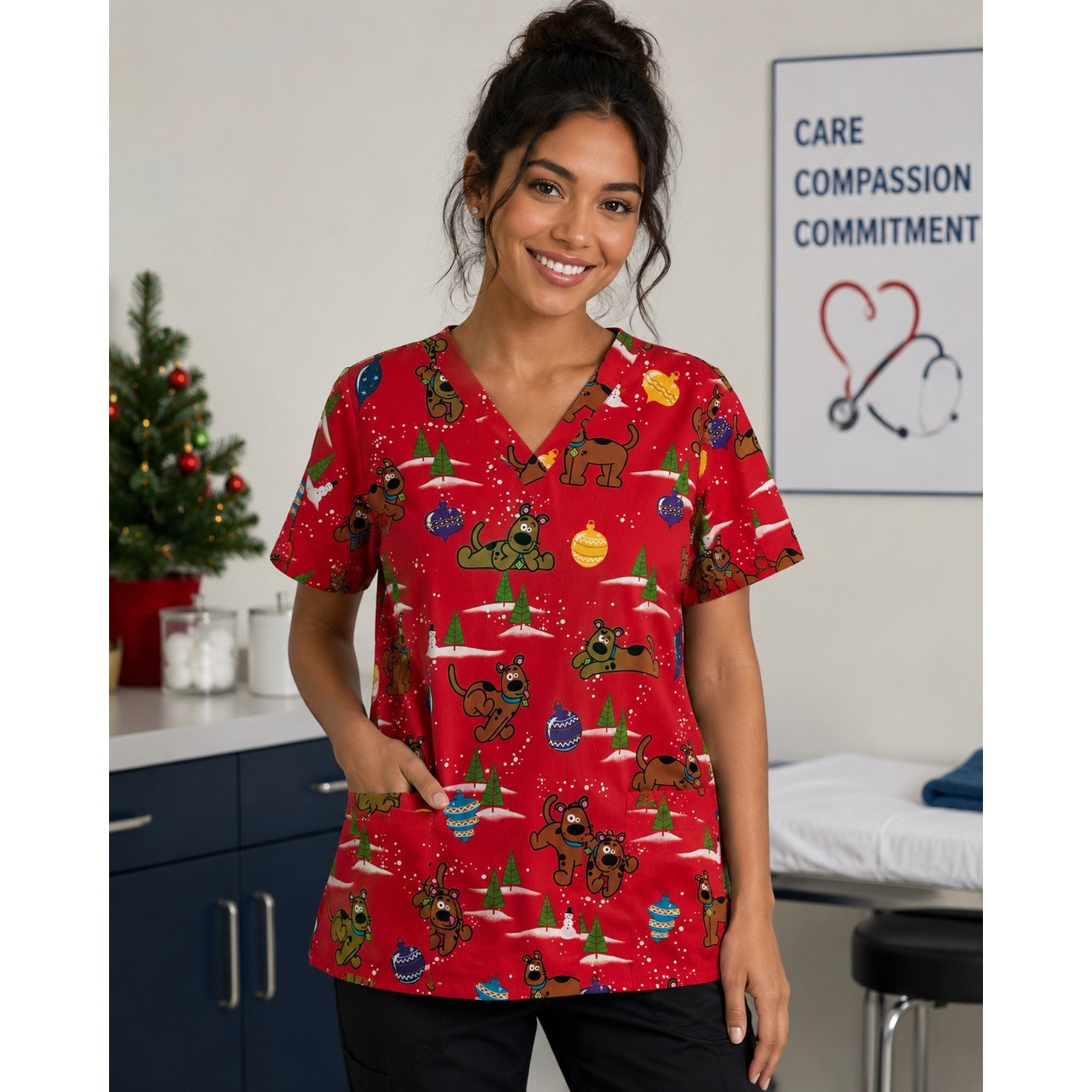 Scooby-Doo Christmas Scrub Top Women's Medium Red Holiday Cartoon V-Neck Uniform
