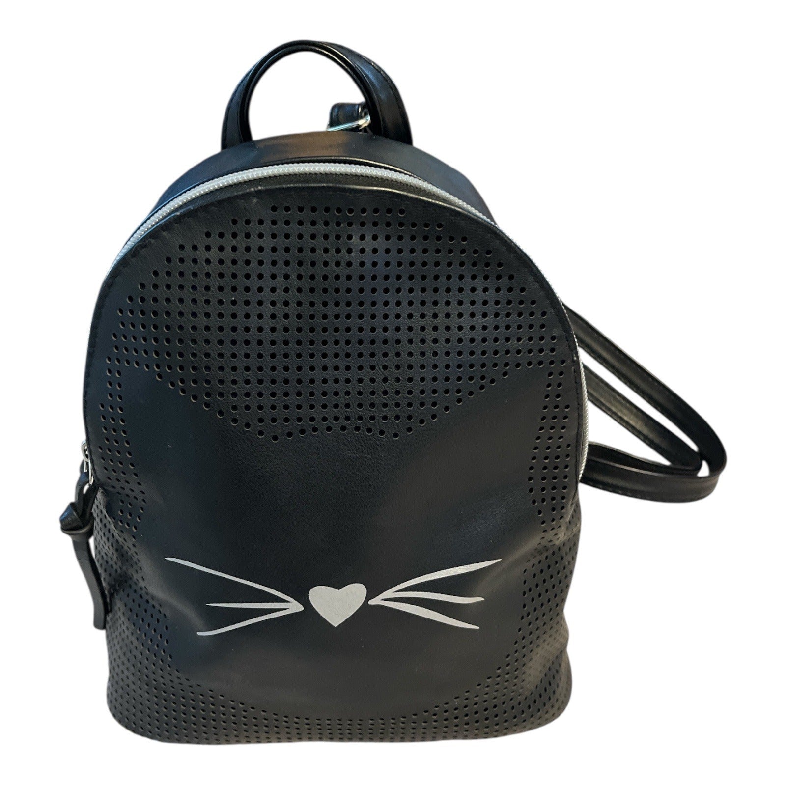cat face mini backpack Cat-Face Faux Leather Mini Backpack – Black Perforated Whiskers Design – Aurora's Treasure Chest
