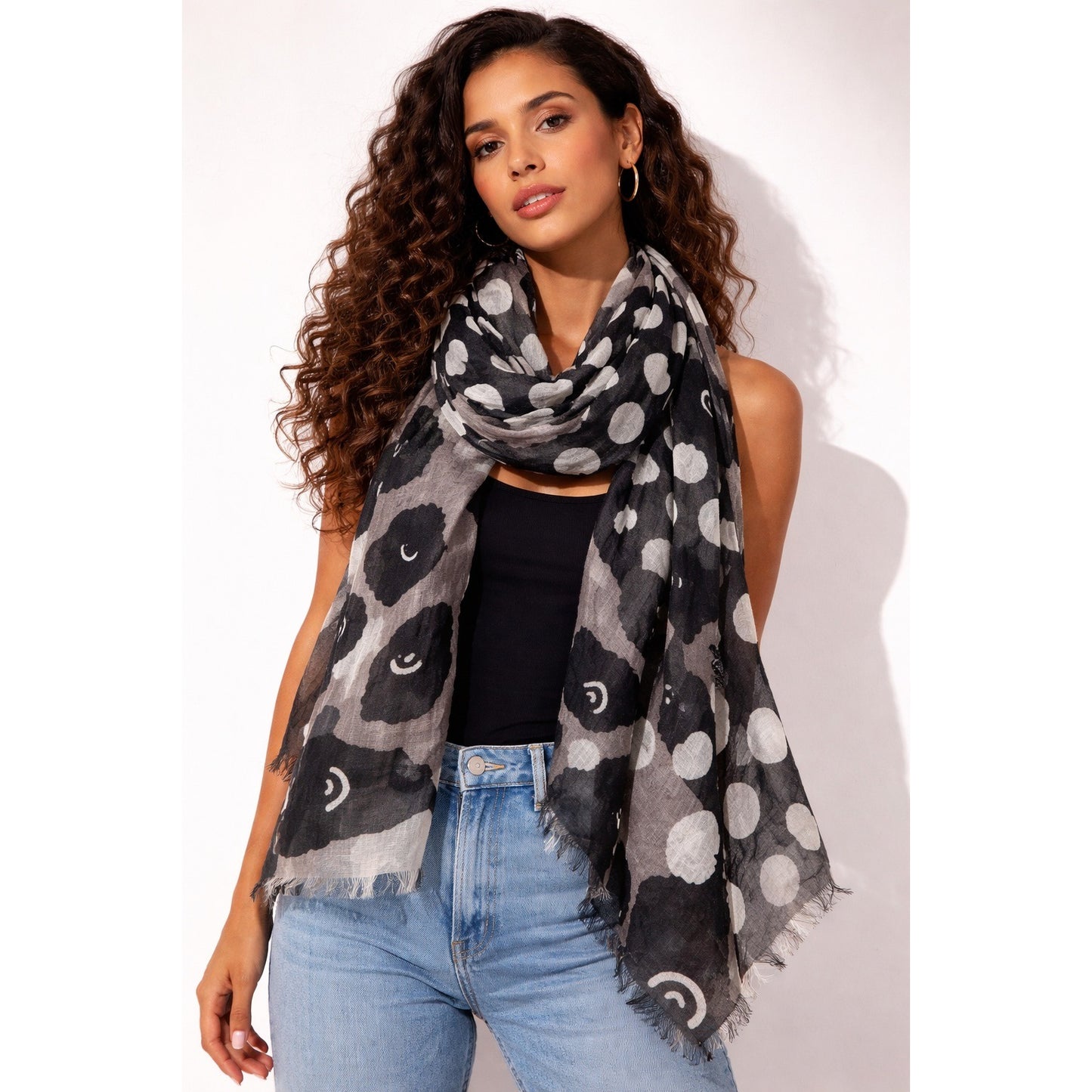 Lulu by Lulu Guinness Oversized Polka Dot Face Print Scarf Black Gray White