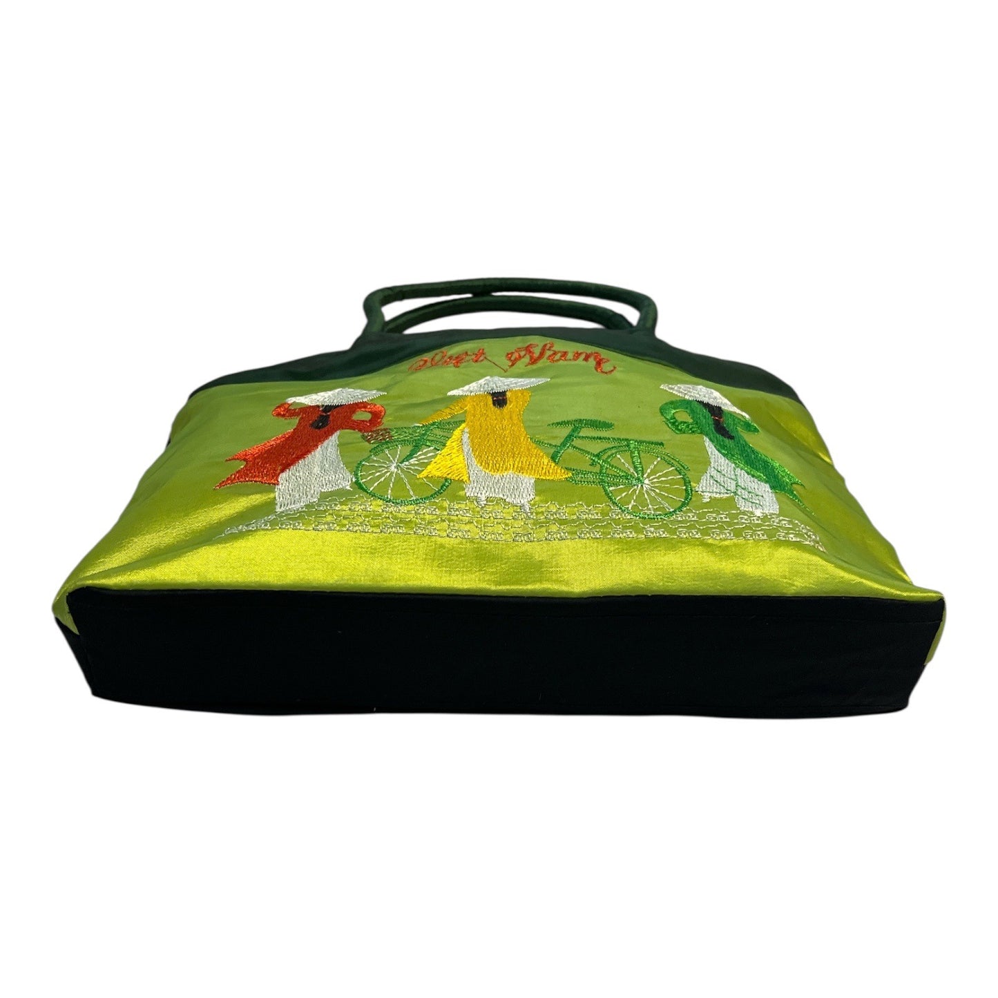 Vietnam Embroidered Tote Bag – Green and Yellow Silk Blend with Women & Bicycle Motif – Zip Top – 12x10x2"