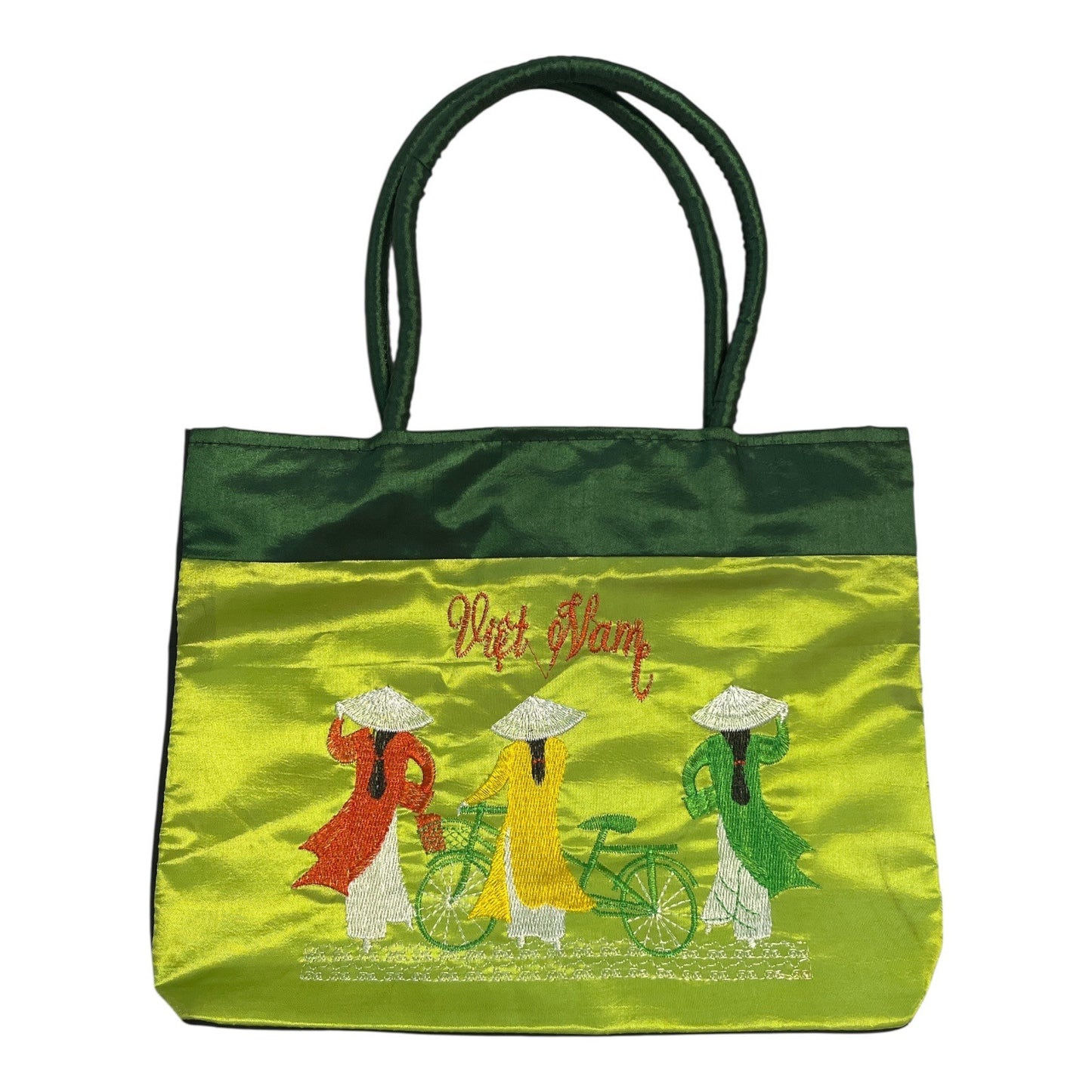 Vietnam Embroidered Tote Bag – Green and Yellow Silk Blend with Women & Bicycle Motif – Zip Top – 12x10x2"