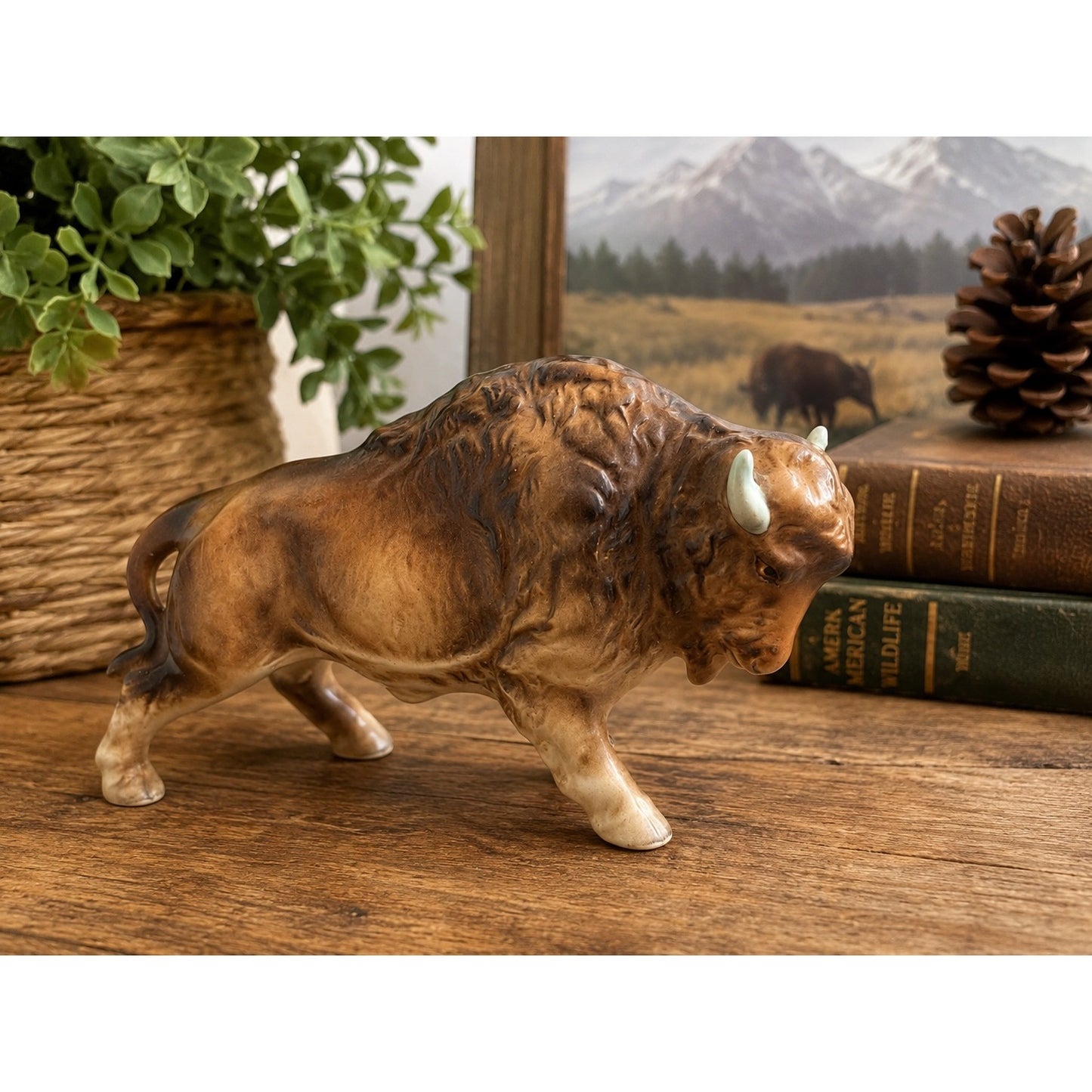Vintage Bison Buffalo Figurine Brown Porcelain Ceramic Wildlife Statue