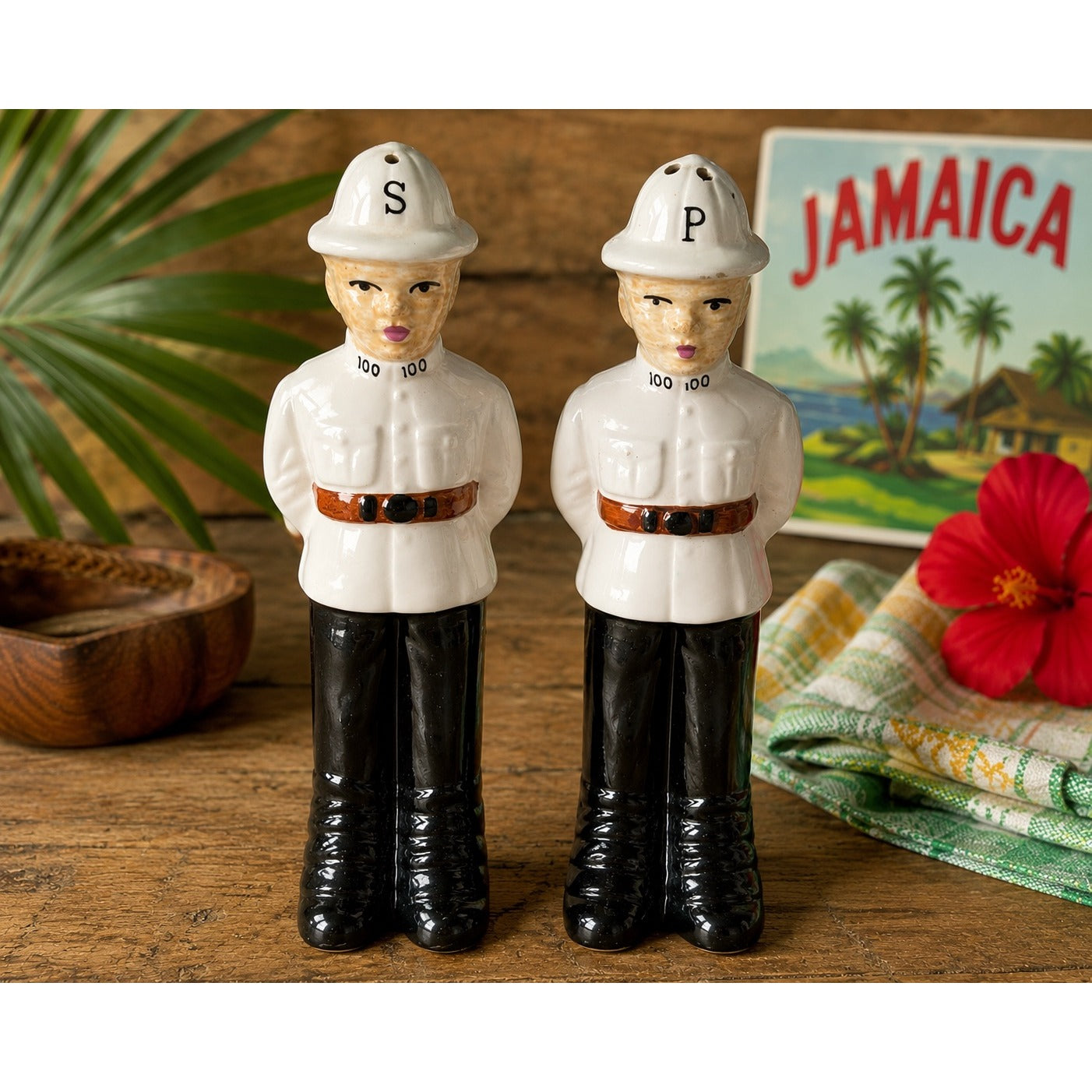Vintage Jamaica Policeman Salt and Pepper Shakers Ceramic Souvenir Set 4.75”