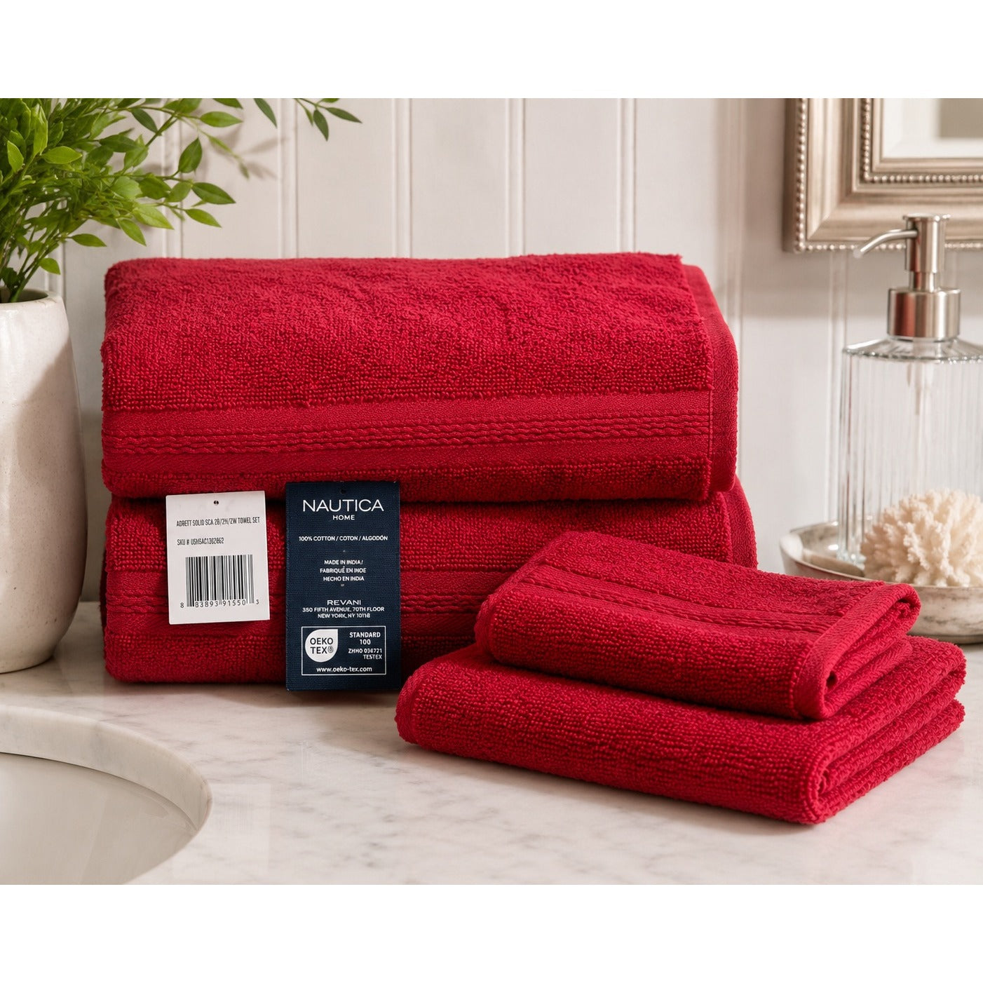 Nautica Home Red Cotton Towel Set NWT 2 Hand Towels 2 Washcloths OEKO-TEX