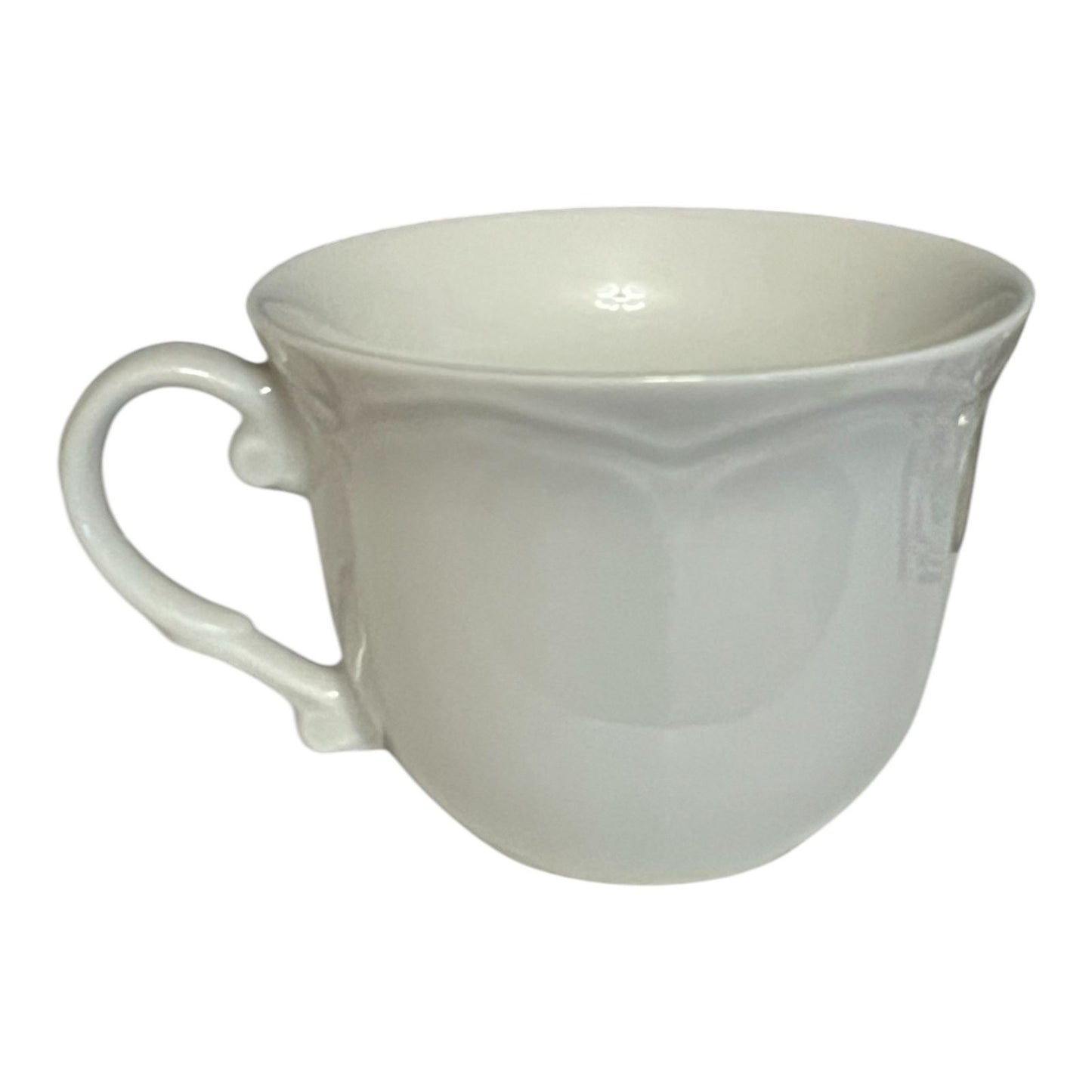 Set of 5 Williams Sonoma Baroque White Porcelain Cups – Made in Japan – Classic Embossed Scroll Design