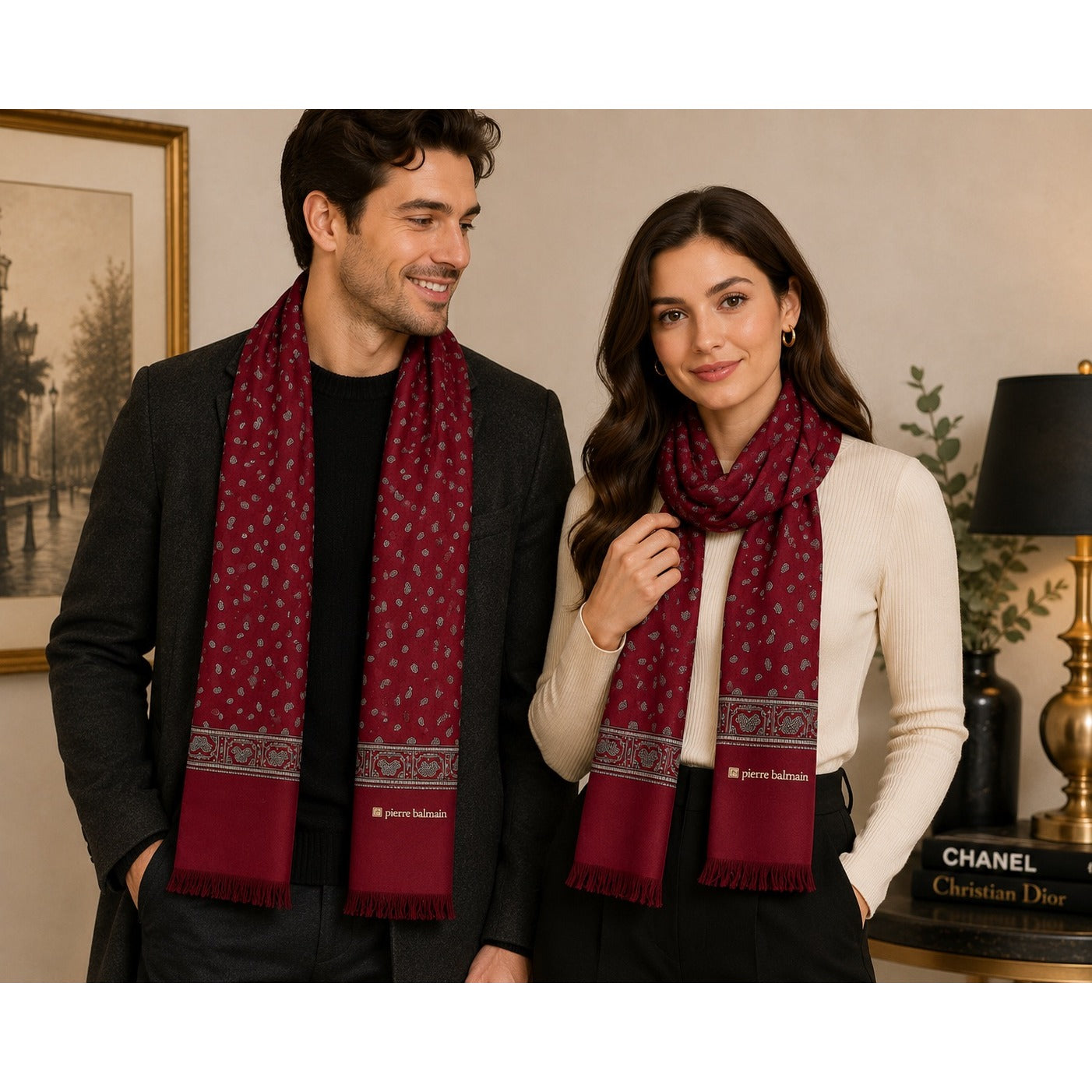 Pierre Balmain Reversible Silk Wool Scarf Burgundy Paisley Black Italy 54" Luxury Fringe