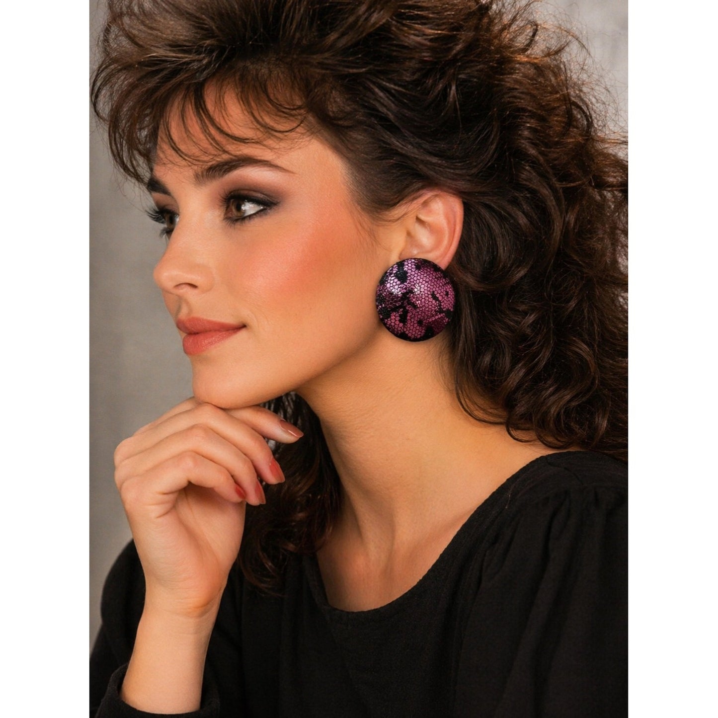 Vintage Textures by Roman Clip On Earrings Pink Black Textured Dome 1.5 Inch