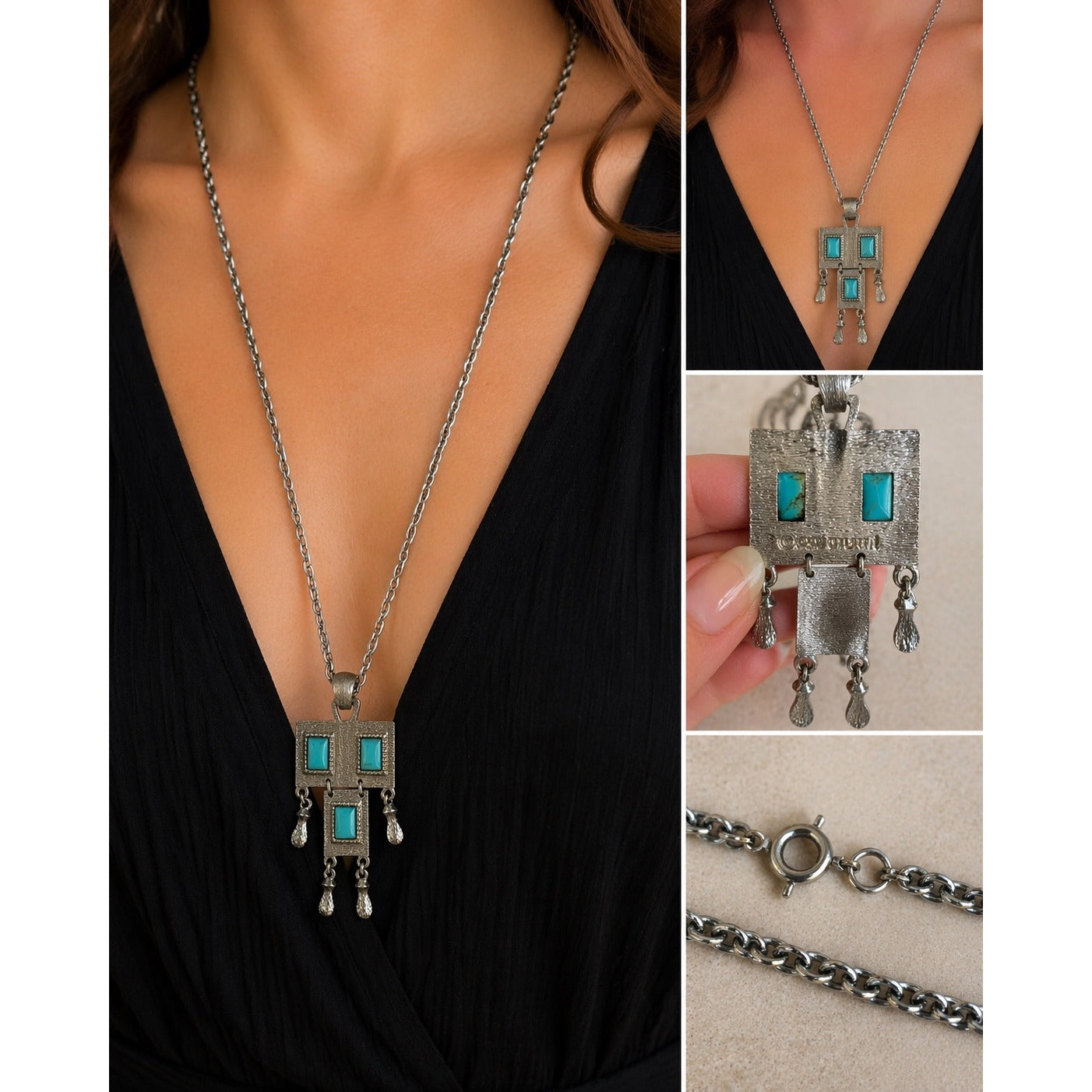 Vintage Sarah Coventry Turquoise Pendant Necklace Silver Tone Geometric Dangle 24” Chain