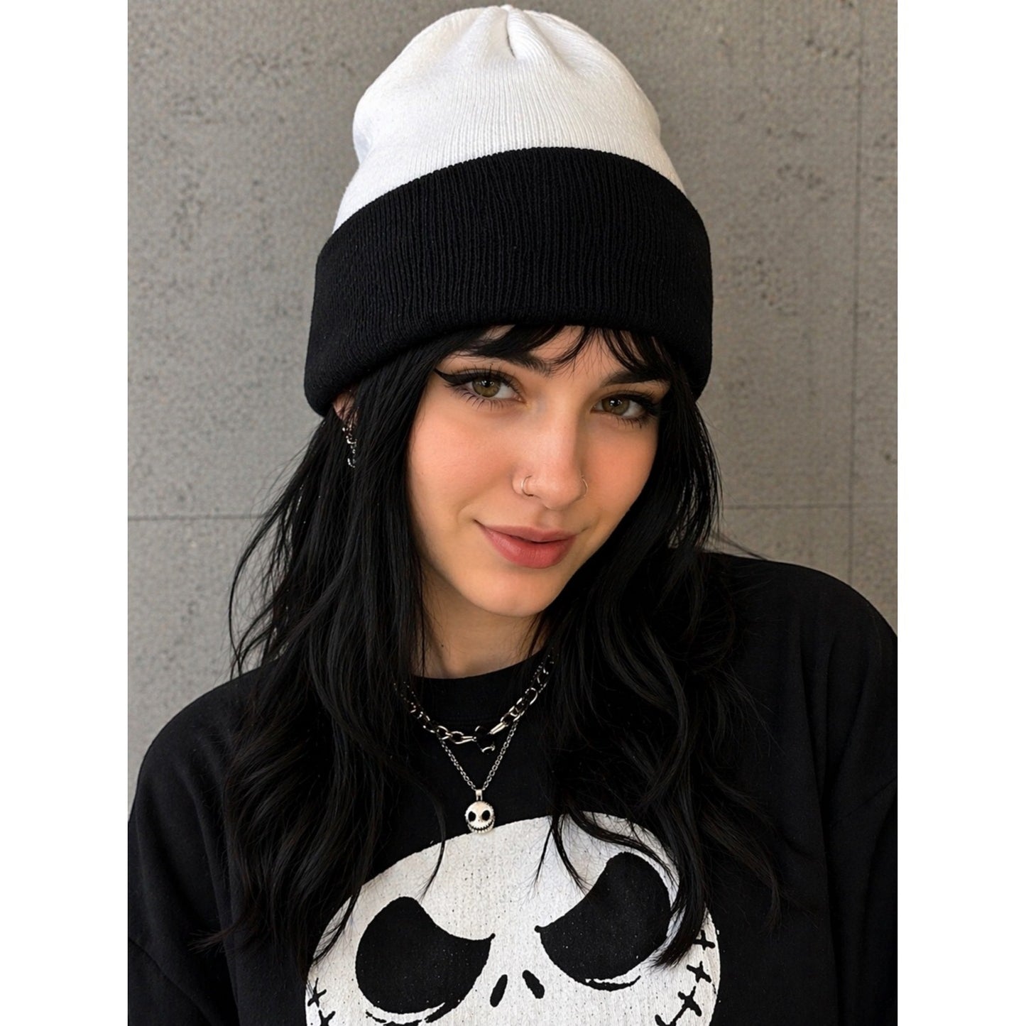 Disney Nightmare Before Christmas Beanie Hat Black White Knit Jack Skellington Goth Winter Cap