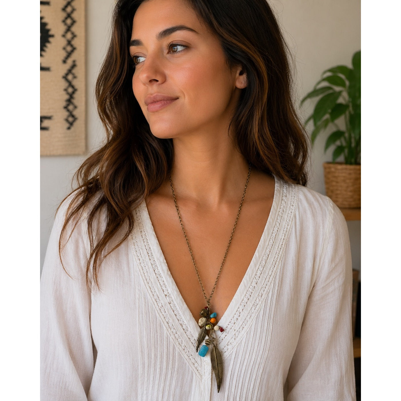 Boho Charm Necklace Feather Pendant Turquoise Coral Bead Cluster 34” Gold Tone