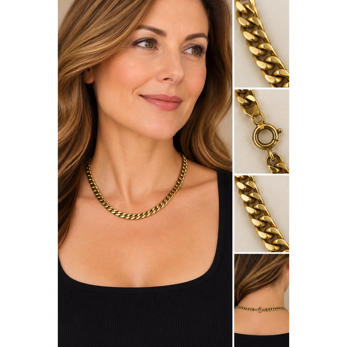 Vintage Korea Gold Tone Flat Curb Chain Necklace 15 Inch Choker Collar