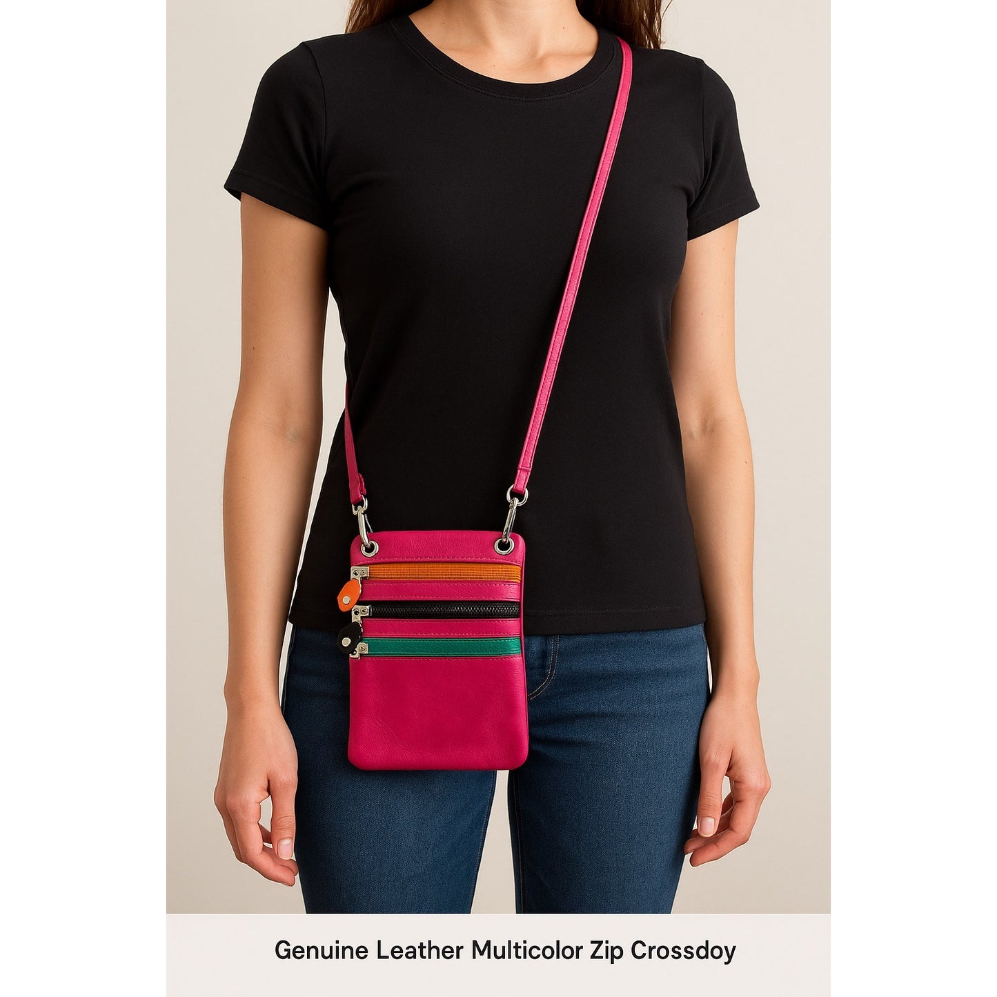Genuine Leather Multicolor Zip Crossbody Bag Made in Italy