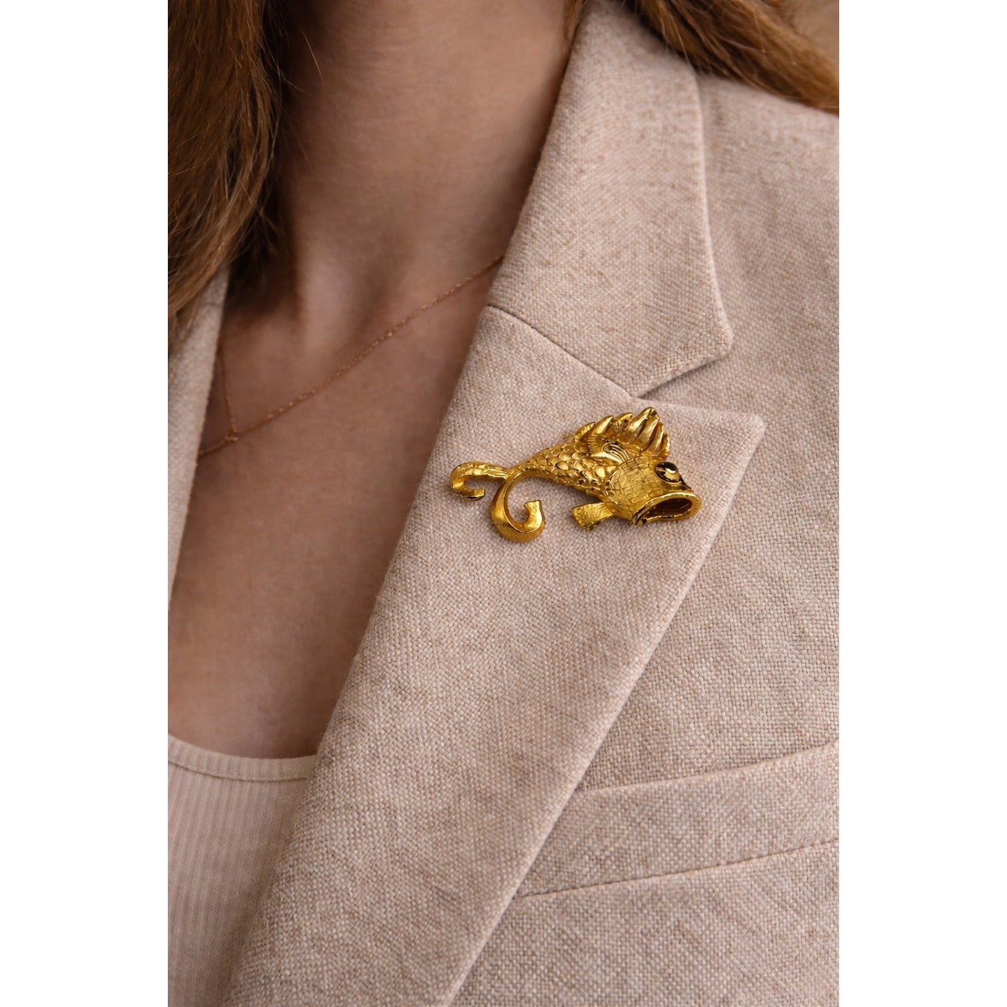 Vintage Gold Tone Fish Brooch Figural Textured Metal Pin 2 Inch