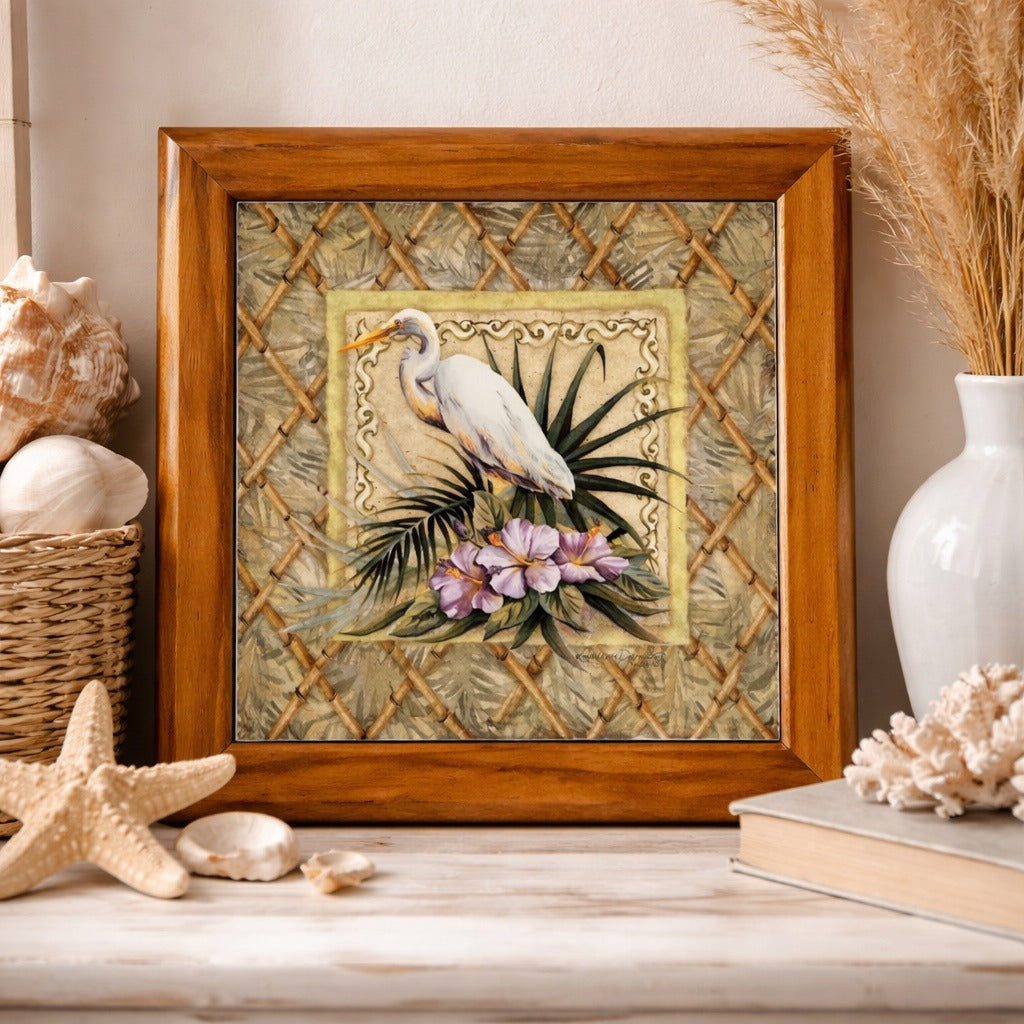 Cape Shore Kathleen Denis Egret Bird Tropical Floral Wall Art Tile Wood Frame 2003