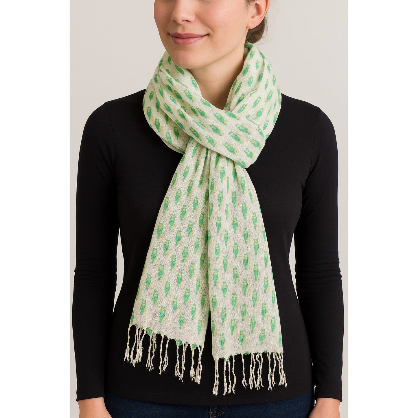 Old Navy Owl Linear Scarf White Multi Green Yellow Fringed Acrylic 2012