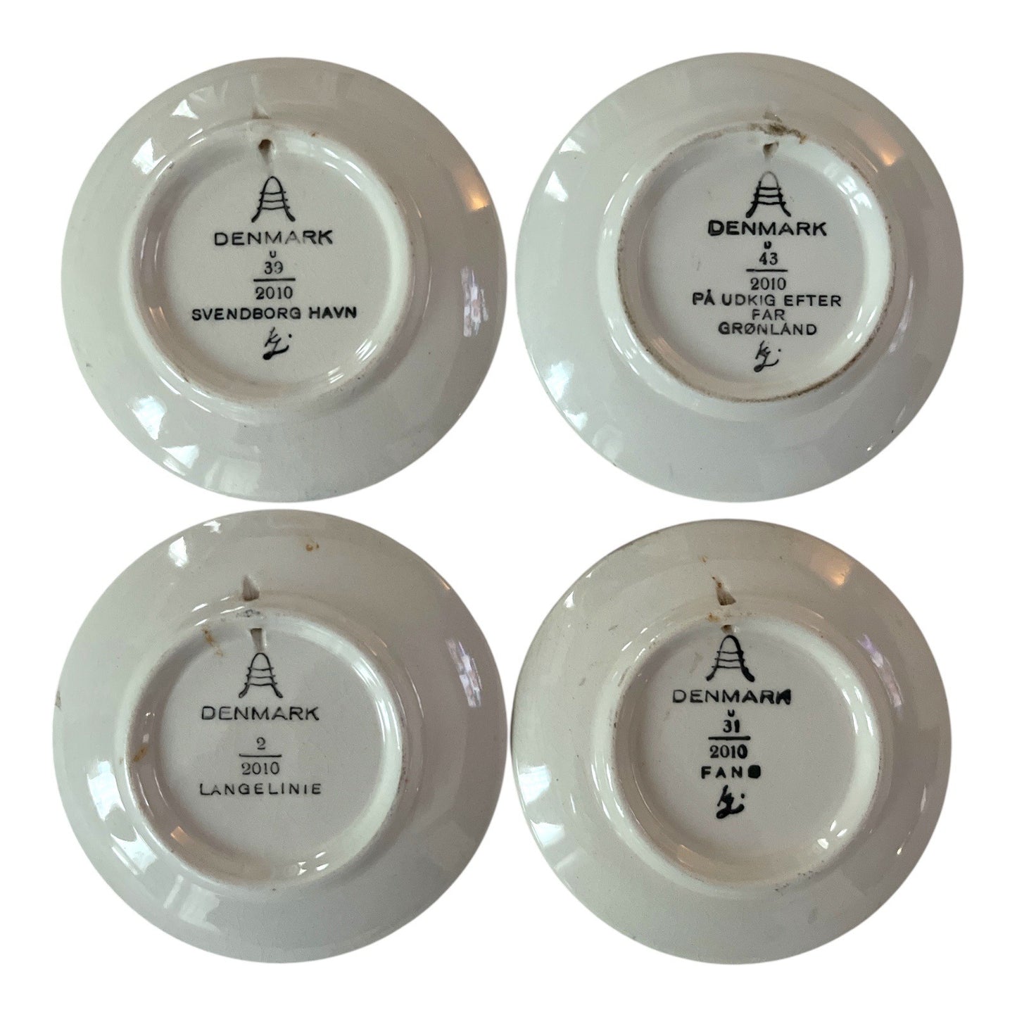 4 Royal Copenhagen Miniature Blue & White Plate Ornaments – Denmark Scenic Series, 2010
