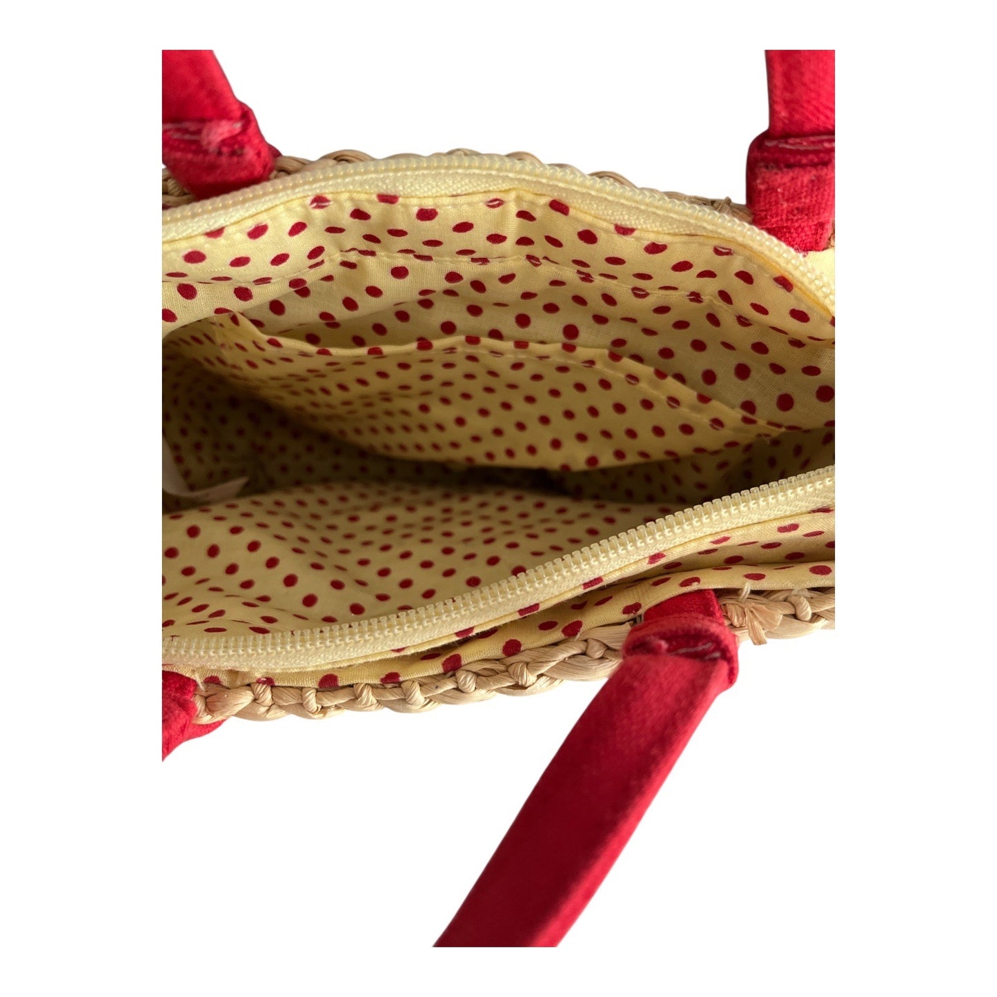 Vtg Straw Cornhusk Tote Bag – Red Strawberry Appliqué – Polka Dot Lining - READ
