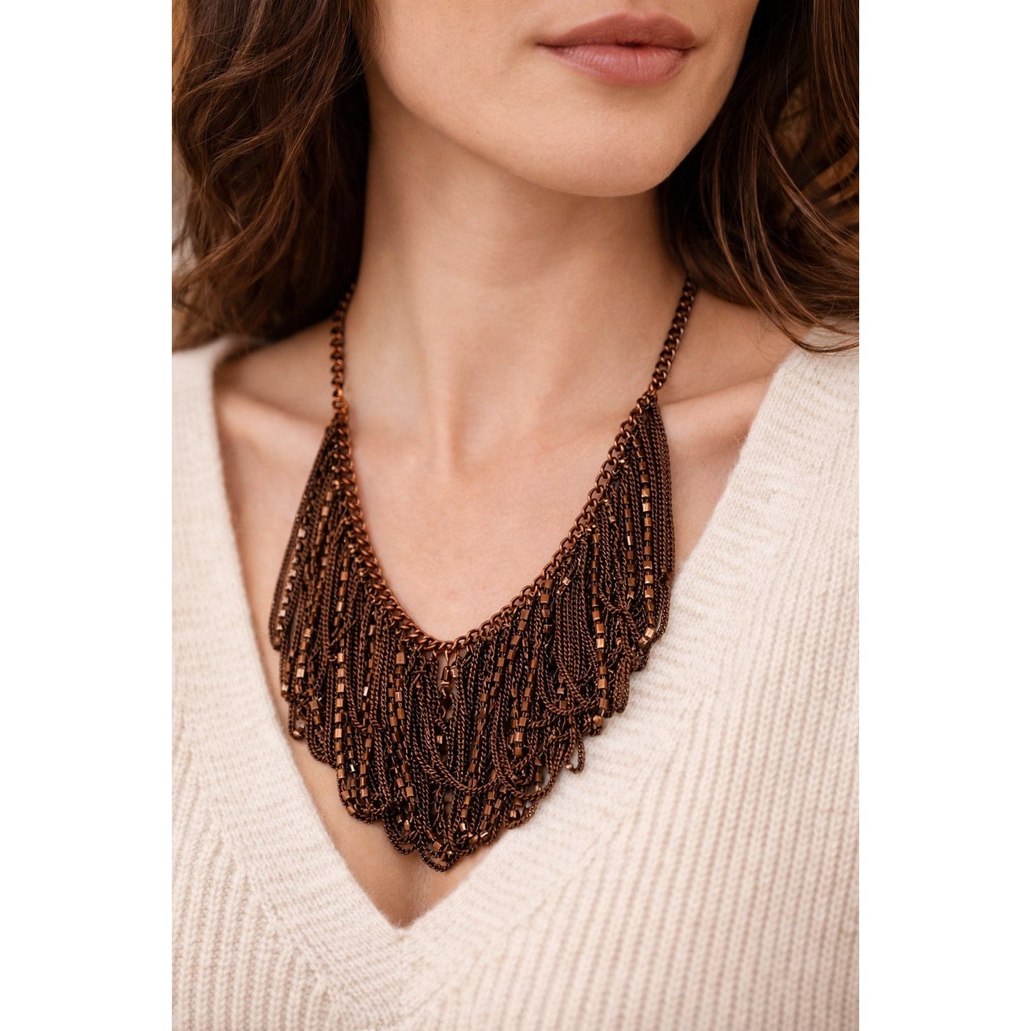 Statement Multi Strand Necklace Dark Copper Bronze Beaded Fringe Bib 18”