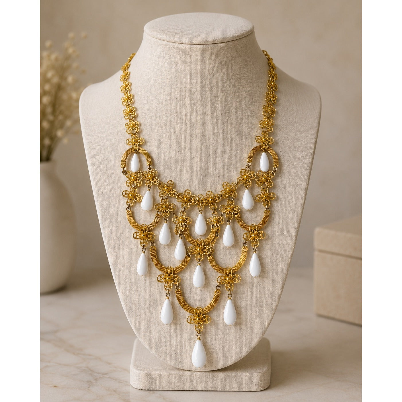 Vintage Gold Tone Filigree Bib Necklace White Teardrop Dangles Statement Necklace