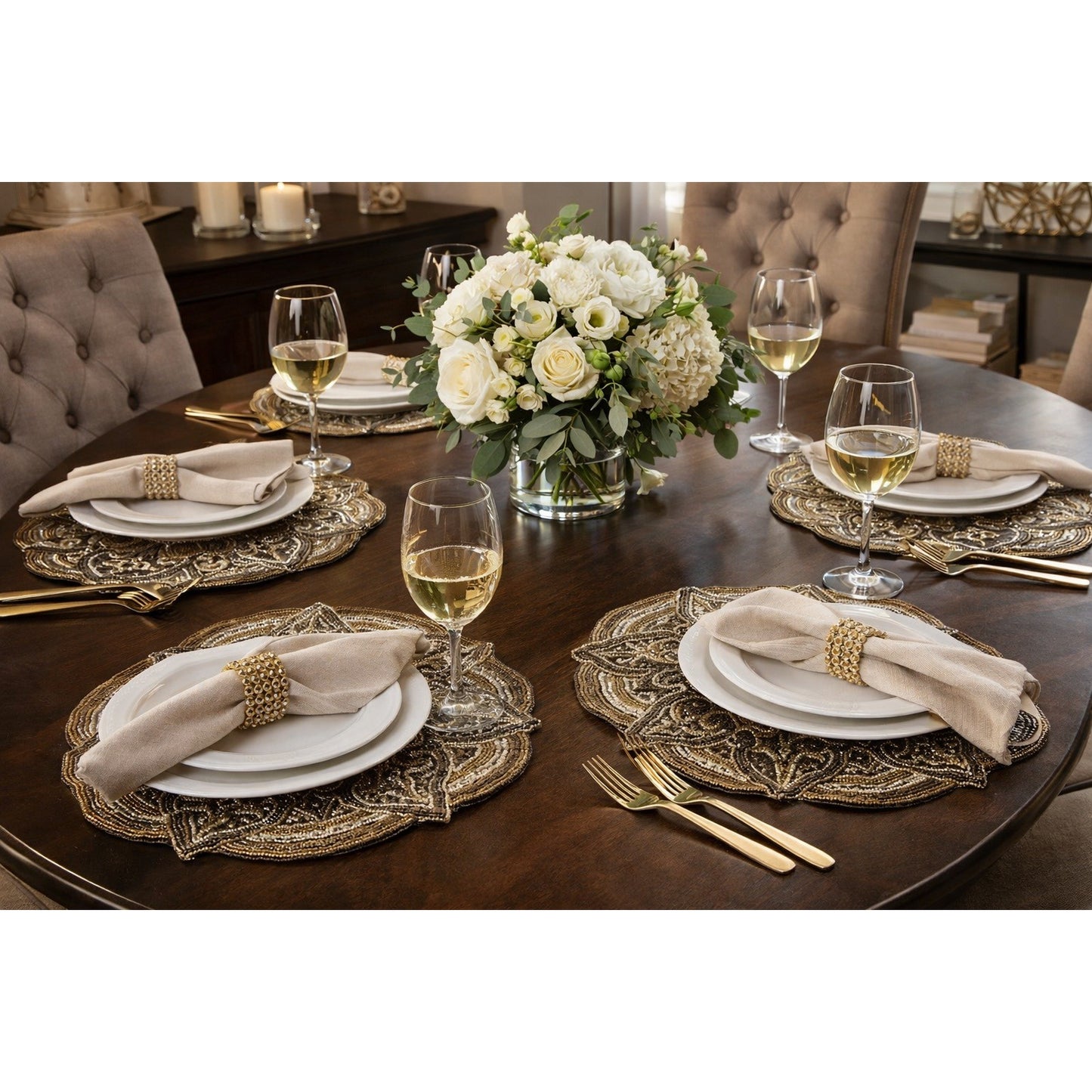 Pier 1 Imports Beaded Mandala Placemats Set of 4 Gold Silver Round Table Decor