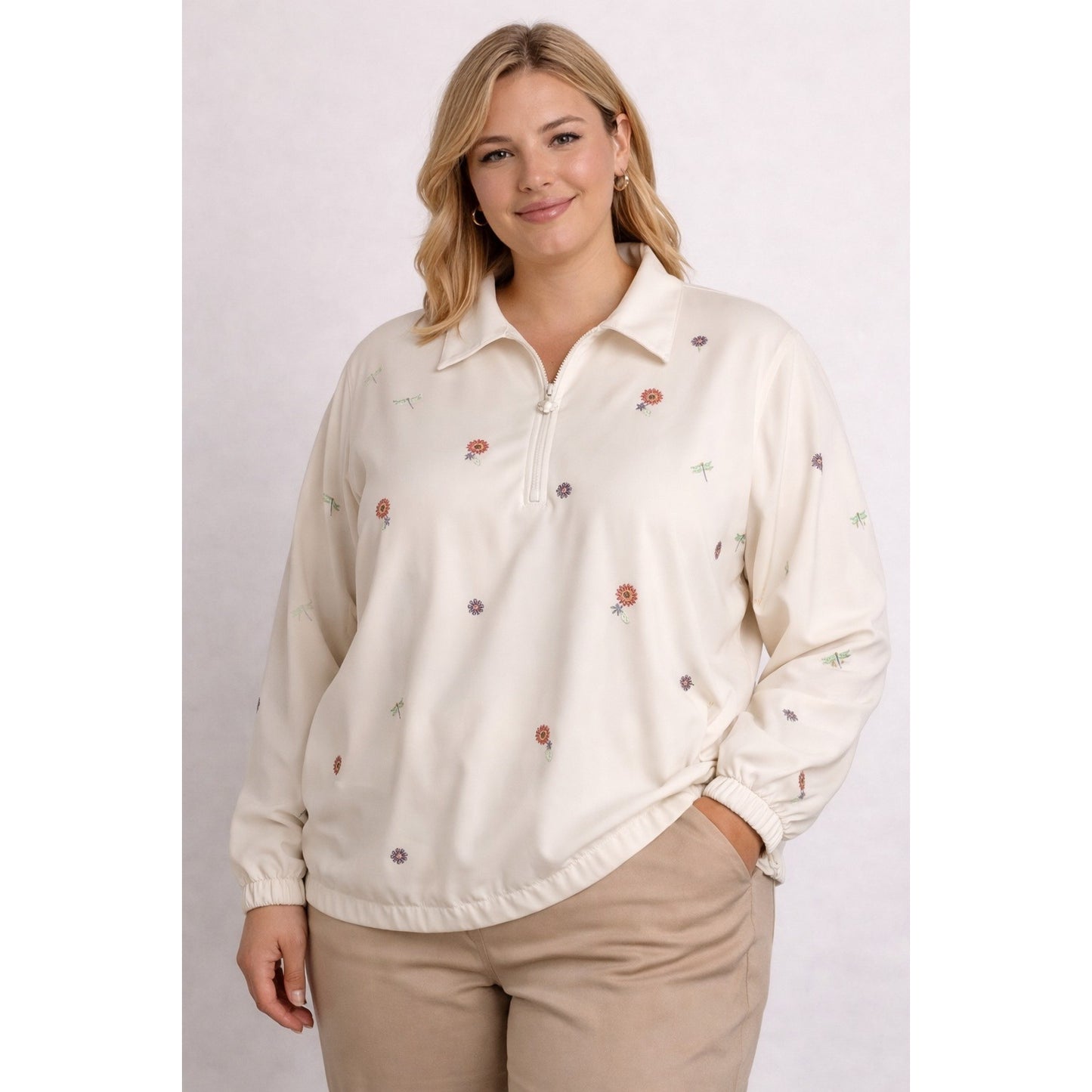 Alfred Dunner Women’s Size 20 Cream Floral Embroidered Half-Zip Jacket
