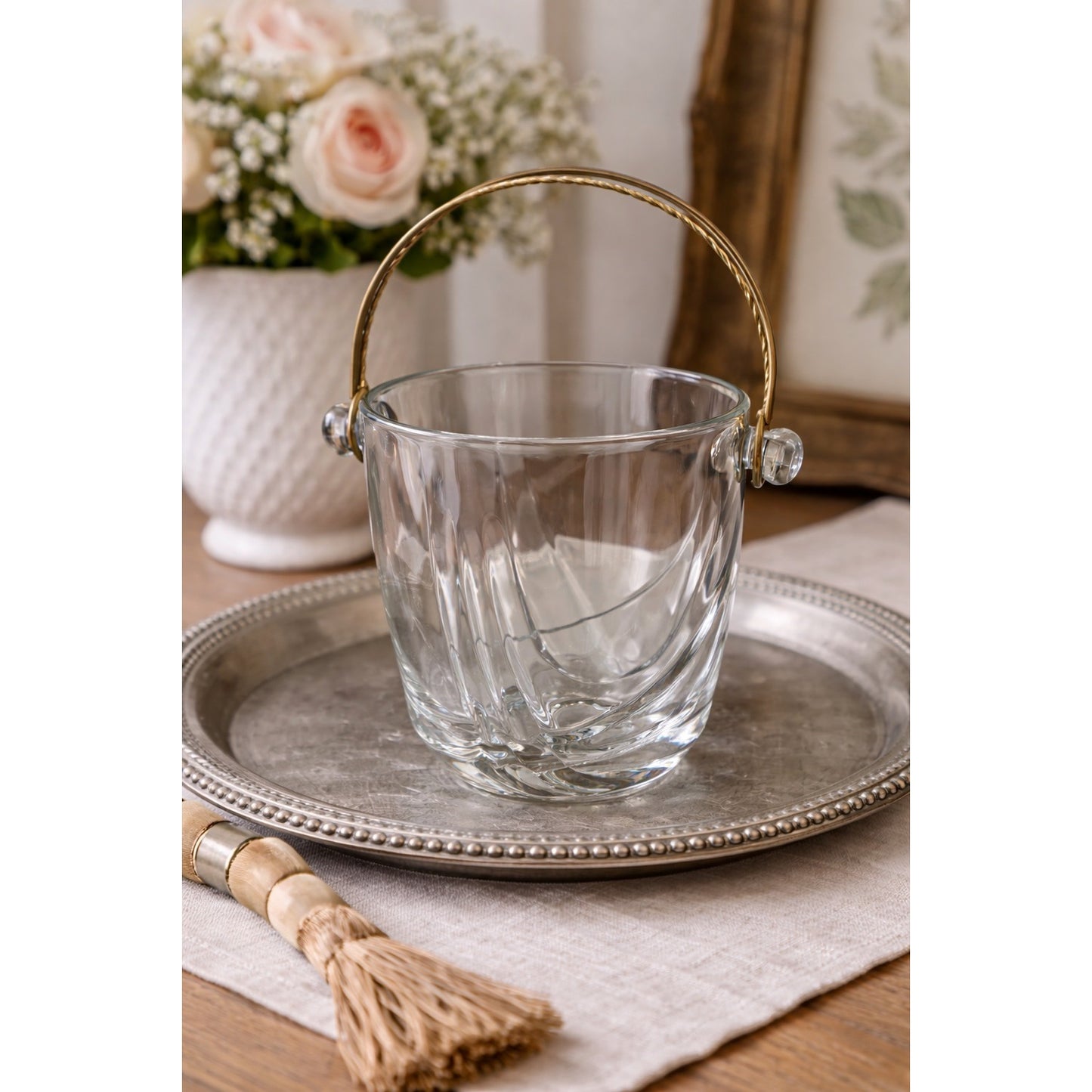 Vintage Italian Glass Ice Bucket with Brass Handle Mid Century Barware