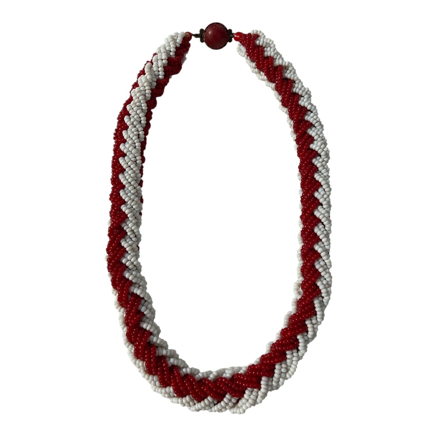 VTG Italian Red & White Glass Seed Bead Necklace – 1960s–1980s – Spiral Rope “Candy Cane” Holiday Design – Made in Italy