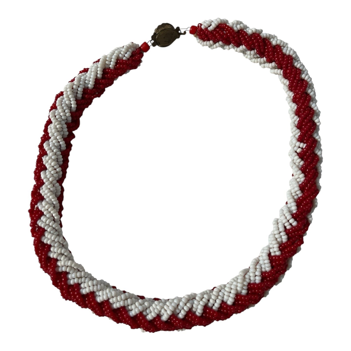 VTG Italian Red & White Glass Seed Bead Necklace – 1960s–1980s – Spiral Rope “Candy Cane” Holiday Design – Made in Italy