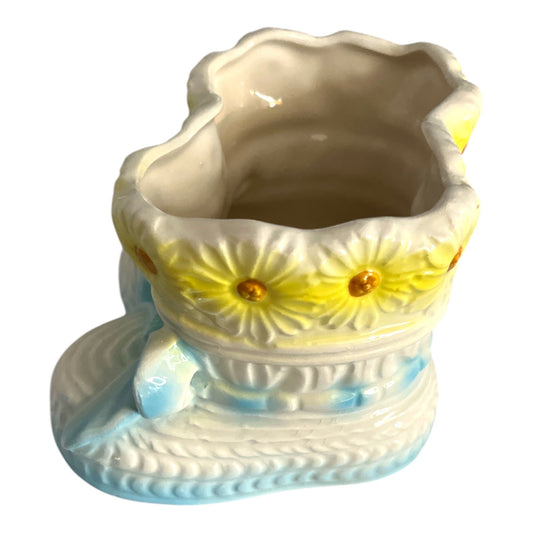 1950s Ceramic Baby Bootie Planter – Blue & Yellow Daisy Nursery Shoe Vase