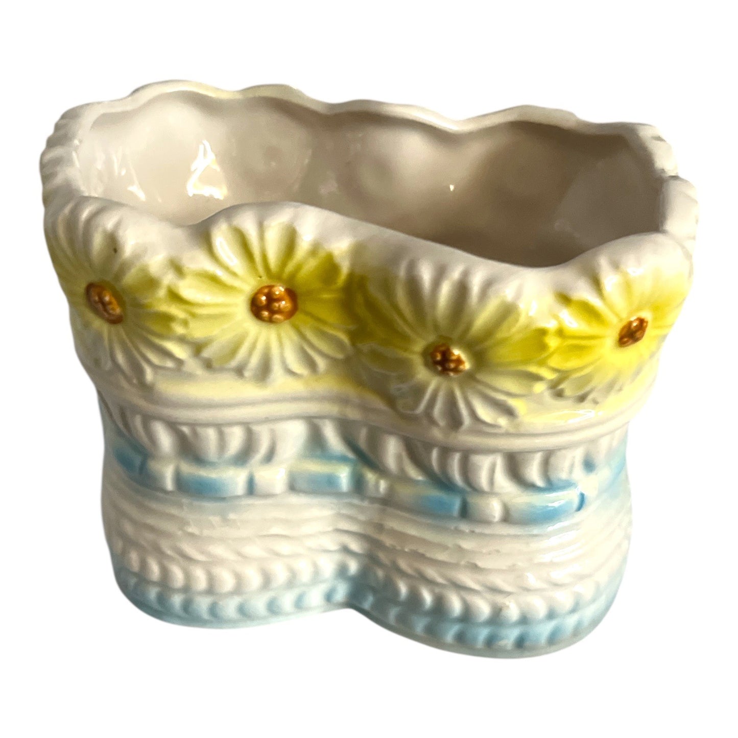 1950s Ceramic Baby Bootie Planter – Blue & Yellow Daisy Nursery Shoe Vase