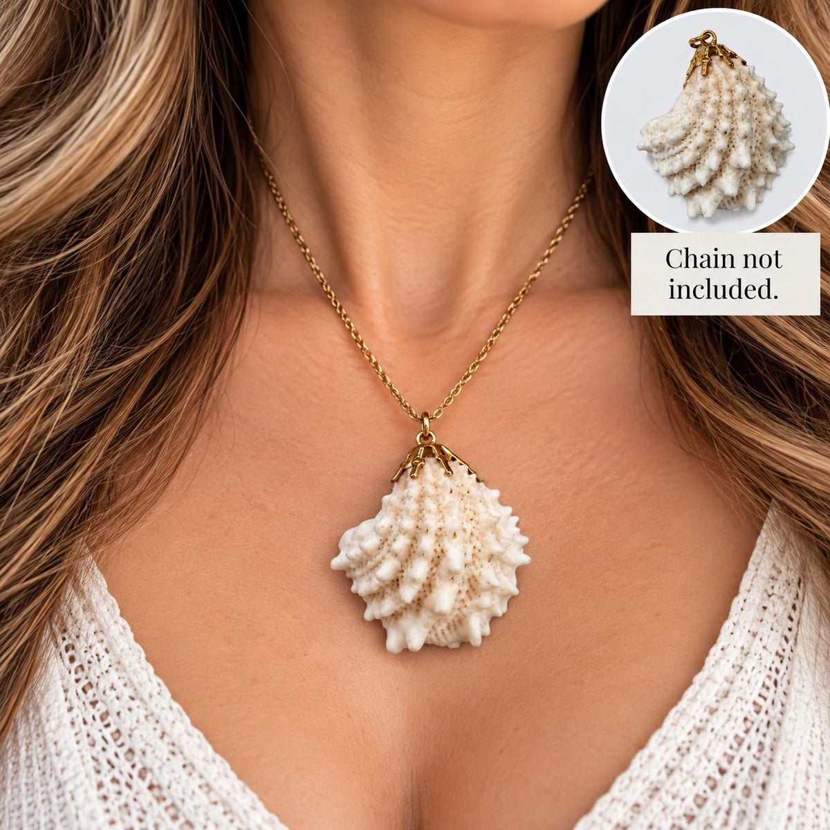Natural Spiny Seashell Pendant Gold Tone Bail Coastal Beach Jewelry 2 Inch