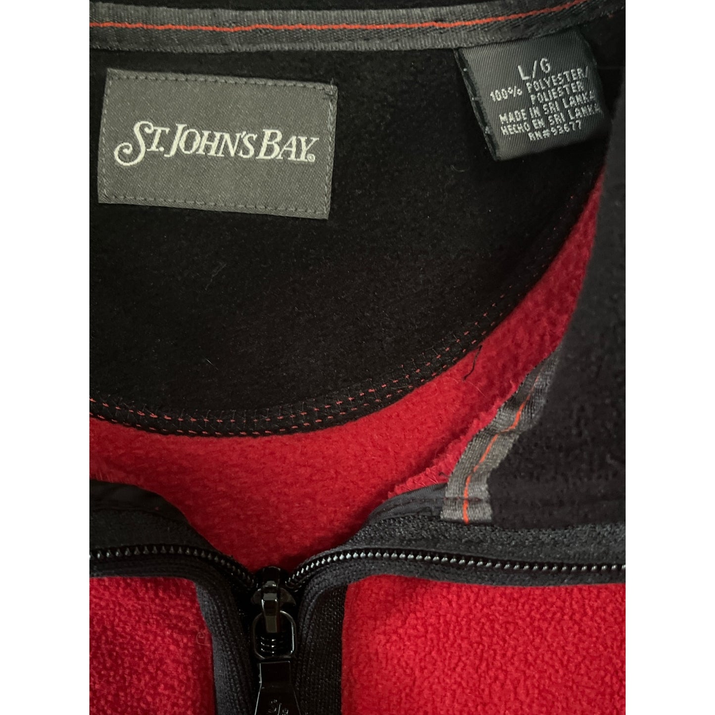 Vtg St. John's Bay Red Fleece Pullover L – 90s Y2K Mens 1/4 Zip Jacket, Black Collar, Pockets